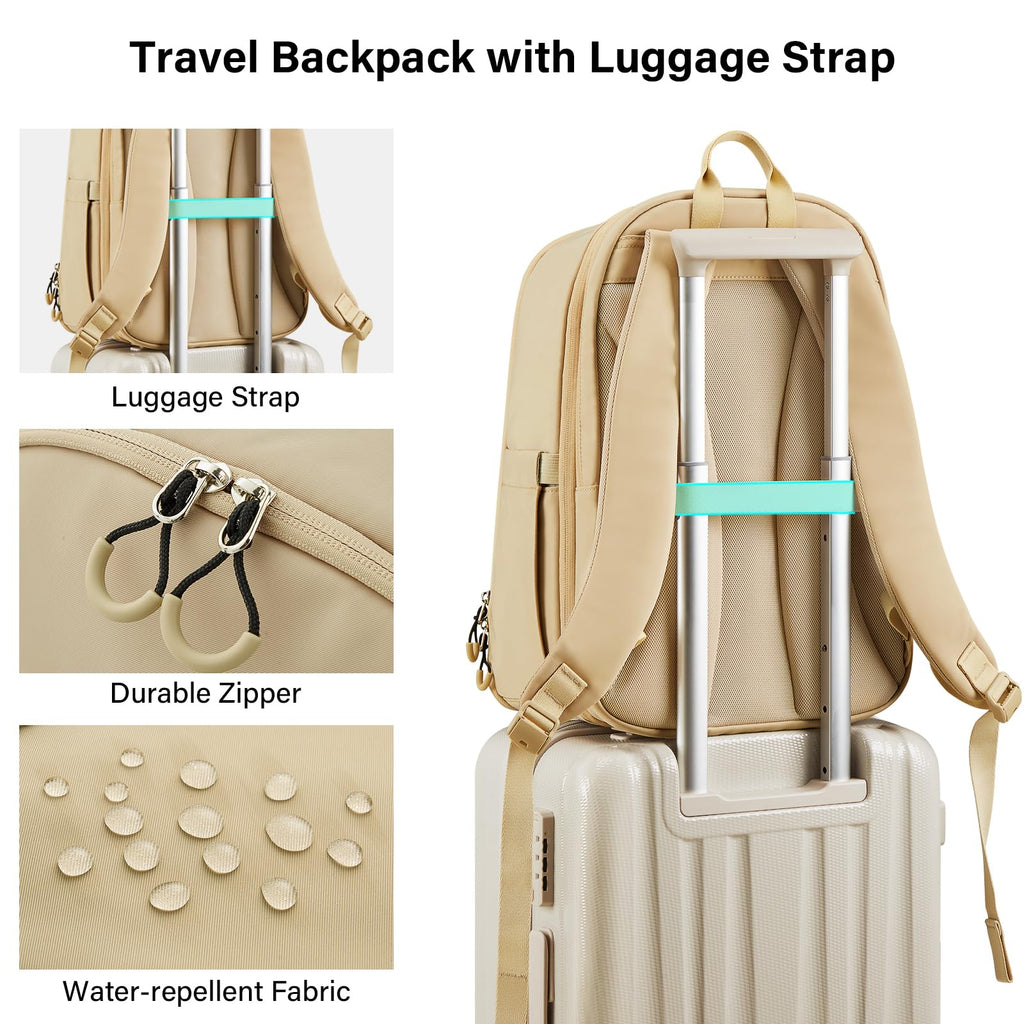 Hanke Expandable Laptop Backpack for Women and Men, 24L - 30L Travel Backpack, 15.6 Inch College Laptop Bookbag for School Work, Water Resistant Carry On Personal Item Bag, Khaki