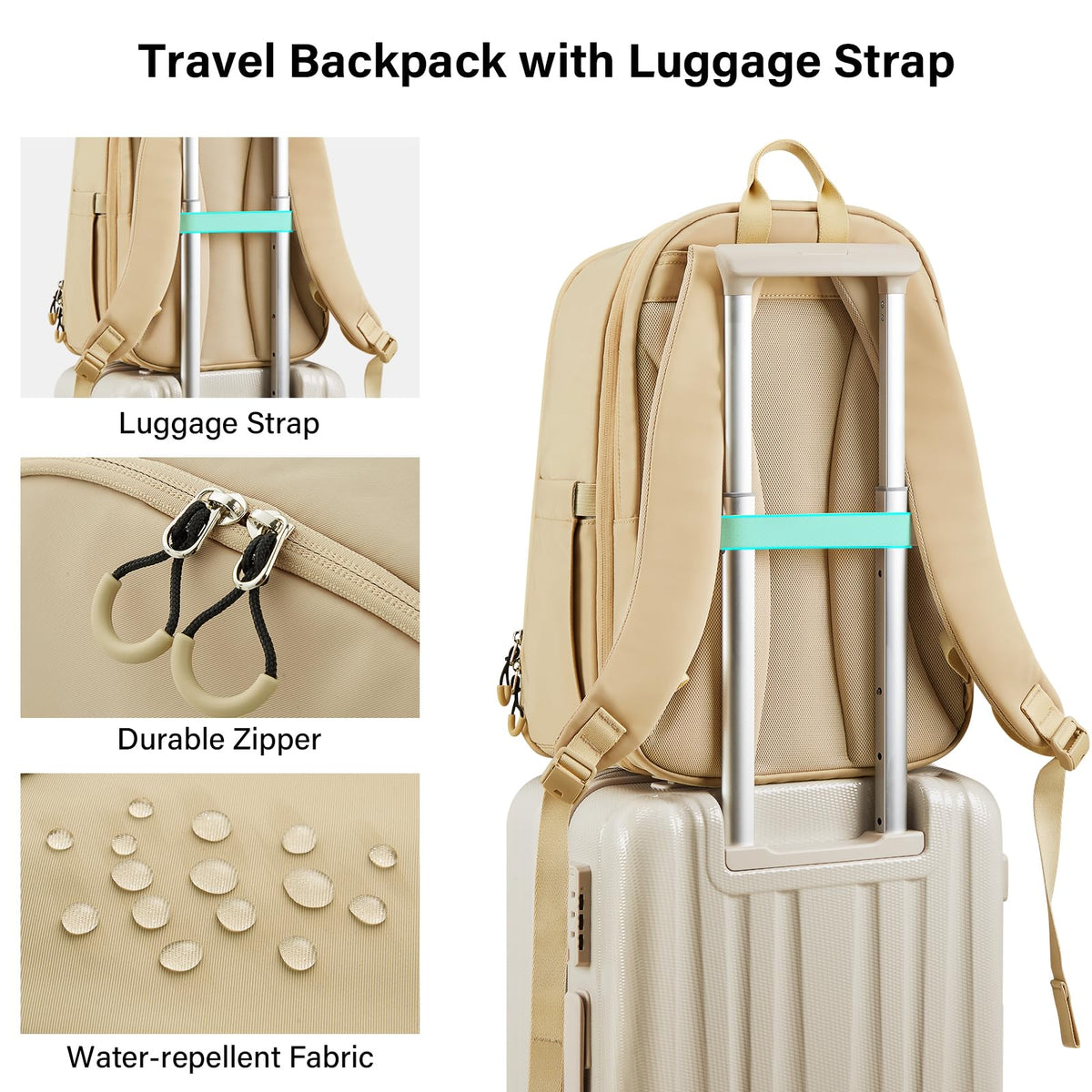 Hanke Expandable Laptop Backpack for Women and Men, 24L - 30L Travel Backpack, 15.6 Inch College Laptop Bookbag for School Work, Water Resistant Carry On Personal Item Bag, Khaki