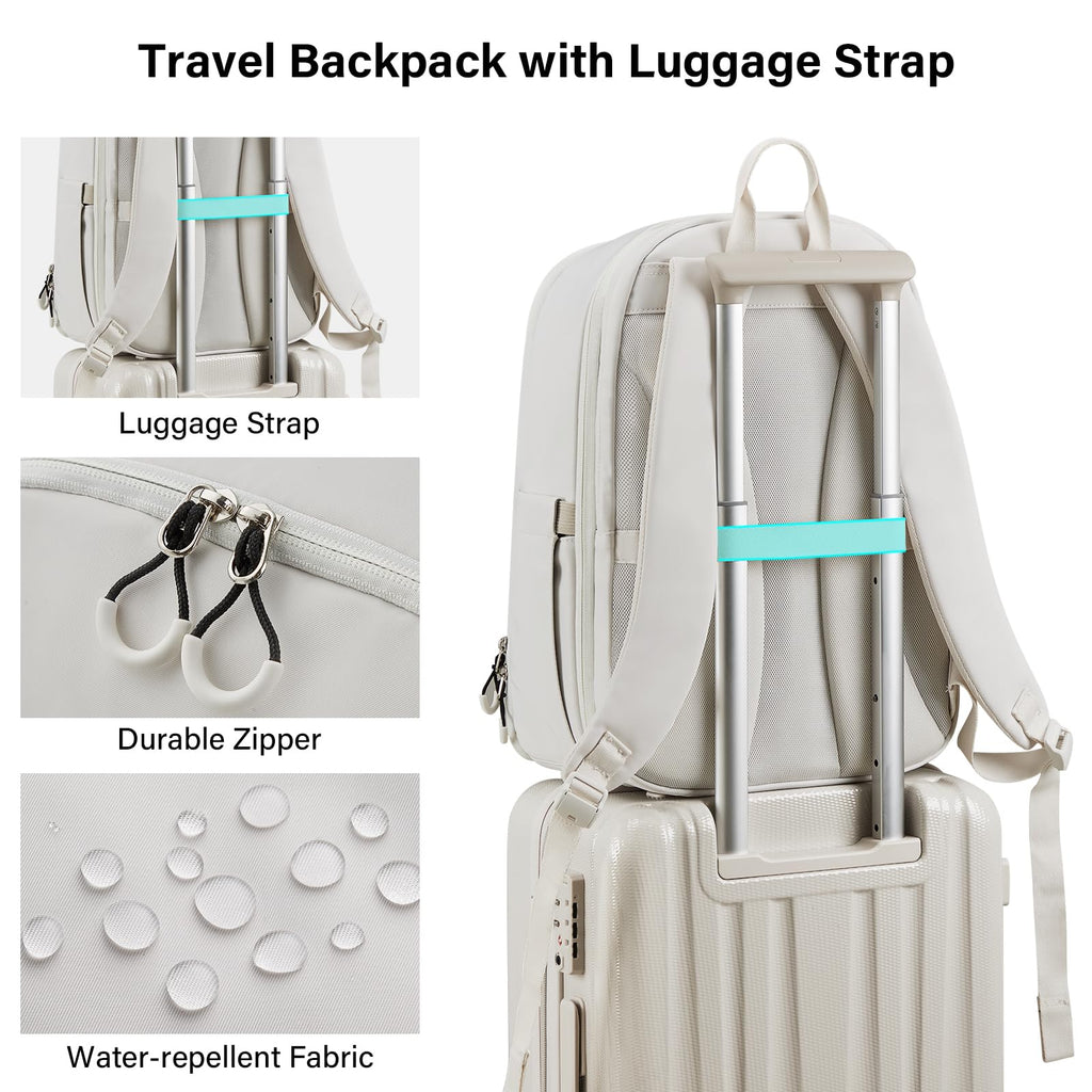 Hanke Expandable Laptop Backpack for Women and Men, 24L - 30L Travel Backpack, 15.6 Inch College Laptop Bookbag for School Work, Water Resistant Carry On Personal Item Bag, White