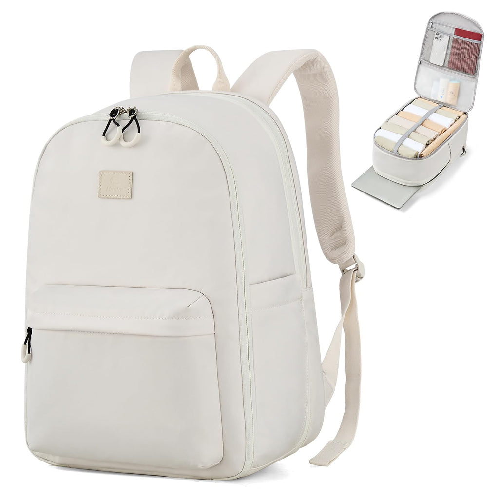 Hanke Expandable Laptop Backpack for Women and Men, 24L-30L Travel Backpack, 15.6 Inch College Laptop Bookbag for School Work, Water Resistant Carry On Personal Item Bag, White