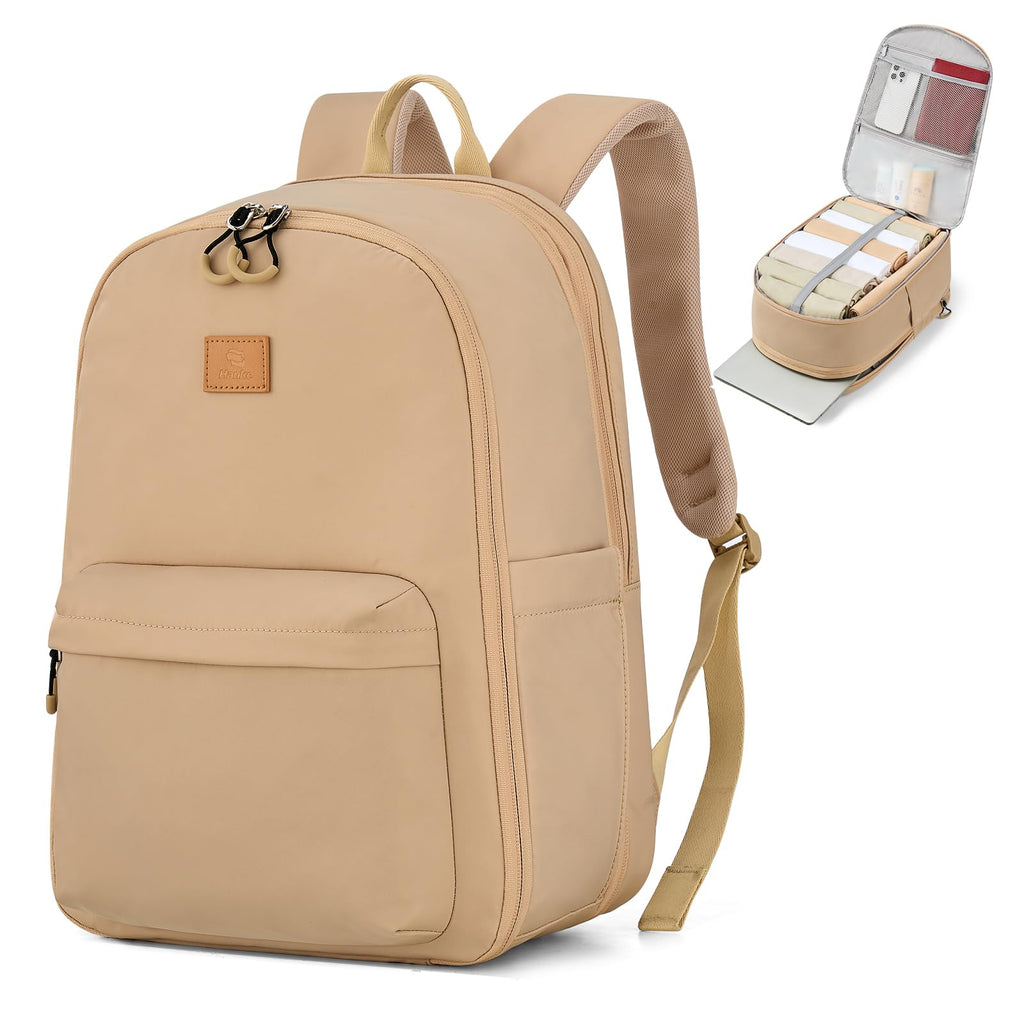 Hanke Expandable Laptop Backpack for Women and Men, 24L-30L Travel Backpack, 15.6 Inch College Laptop Bookbag for School Work, Water Resistant Carry On Personal Item Bag, Khaki