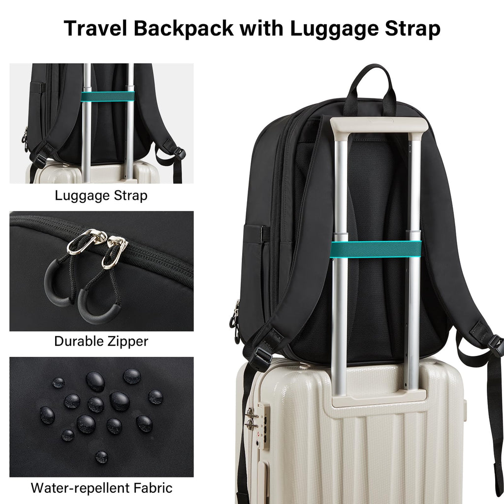 Hanke Expandable Laptop Backpack for Women and Men, 24L - 30L Travel Backpack, 15.6 Inch College Laptop Bookbag for School Work, Water Resistant Carry On Personal Item Bag, Black