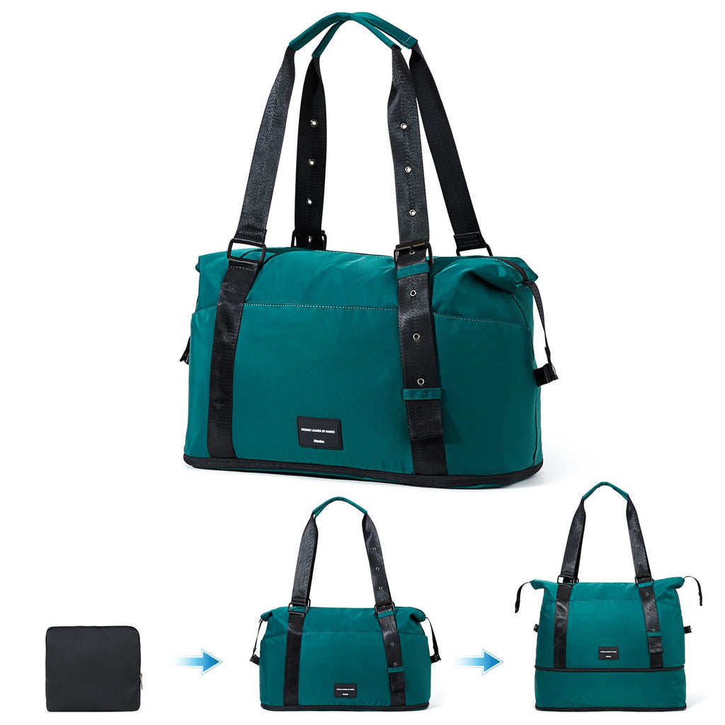 Hanke Expandable Tote Bag Foldable Duffle Bag for Travel Carry on Weekend Bag for Women with Adjustable Shoulder Strap Gym Bag for Men Garment Bag.（Jungle Green）