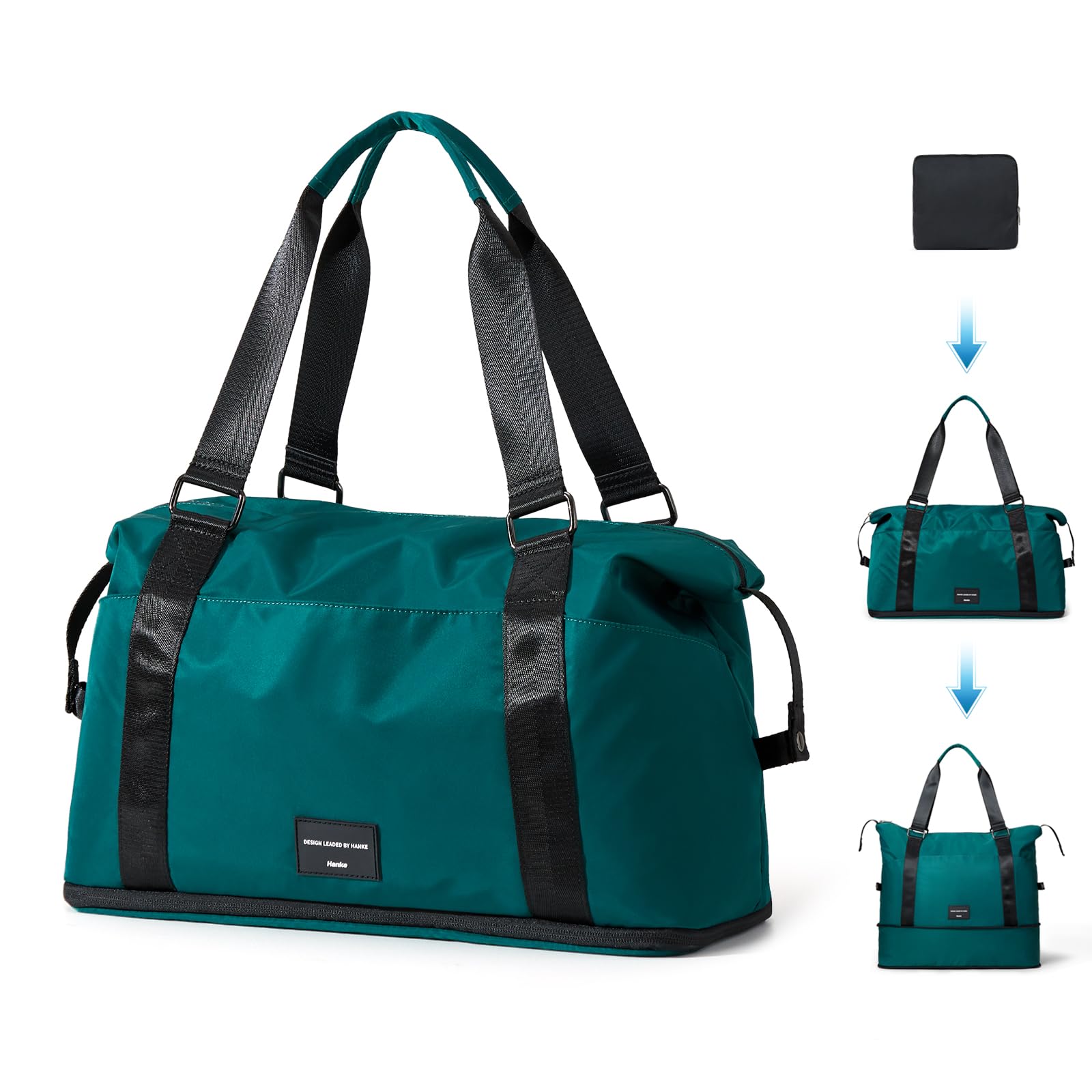 Hanke Expandable Travel Tote Bag 39L, Foldable Duffle Bag for Travel, Carry On Weekend Bags for Women With Multiple Pockets（Jungle Green）