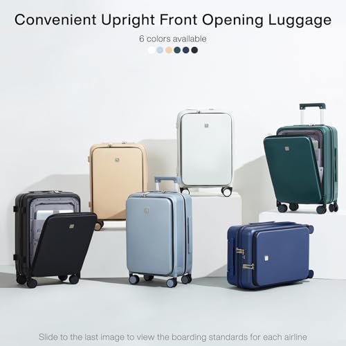 Hanke Grace Expandable Carry On Luggage with Wheels Airline Approved Hard Shell Suitcases with Front Pocket，Top Opening Luggage with TSA Lock for Short Business Travel, Smoke White.