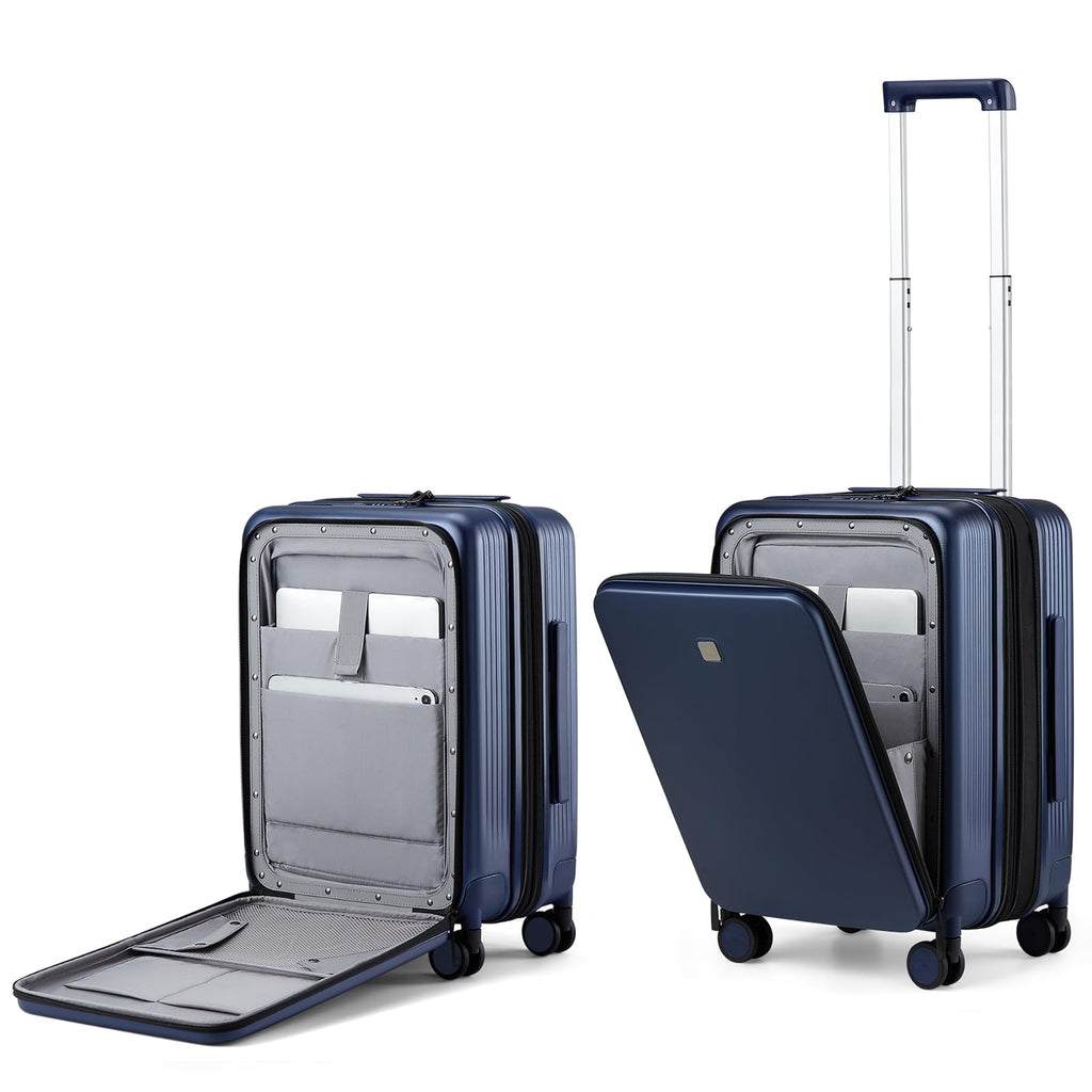 Hanke Grace Expandable Carry On Luggage with Wheels Airline Approved Hard Shell Suitcases with Front Pocket，Top Opening Luggage with TSA Lock for Short Business Travel, Dark Blue.