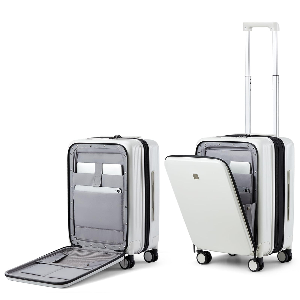 Hanke Grace Expandable Carry On Luggage with Wheels Airline Approved Hard Shell Suitcases with Front Pocket，Top Opening Luggage with TSA Lock for Short Business Travel, Smoke White.