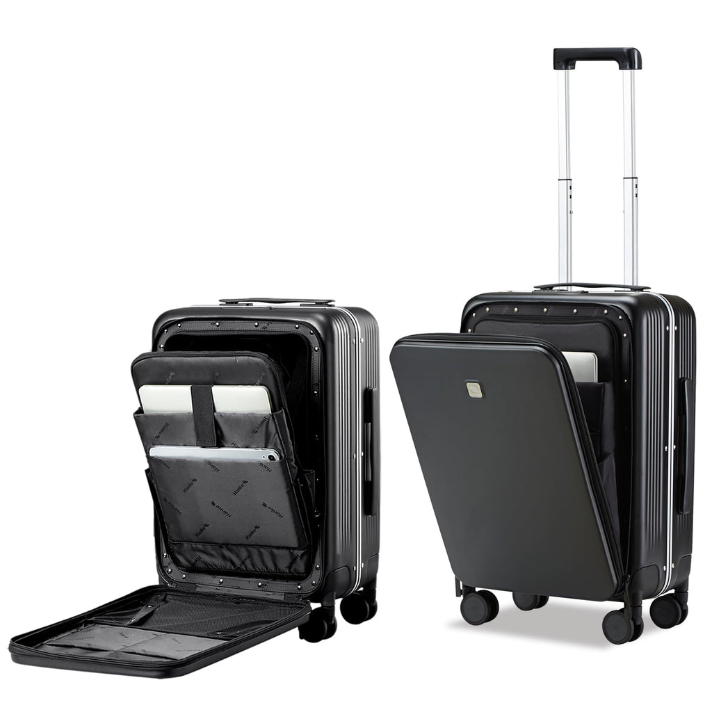 Hanke Grace Hard Shell Suitcases with Wheels,20 Inch Carry On Luggage Airline Approved with Aluminum Frame, Travel suitcase with Front Pocket Travel Luggage for Short Business Trips, Jet Black.