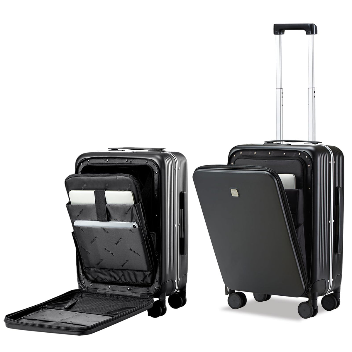 Hanke Grace Hard Shell Suitcases with Wheels,20 Inch Carry On Luggage Airline Approved with Aluminum Frame, Travel suitcase with Front Pocket Travel Luggage for Short Business Trips, Jet Black.