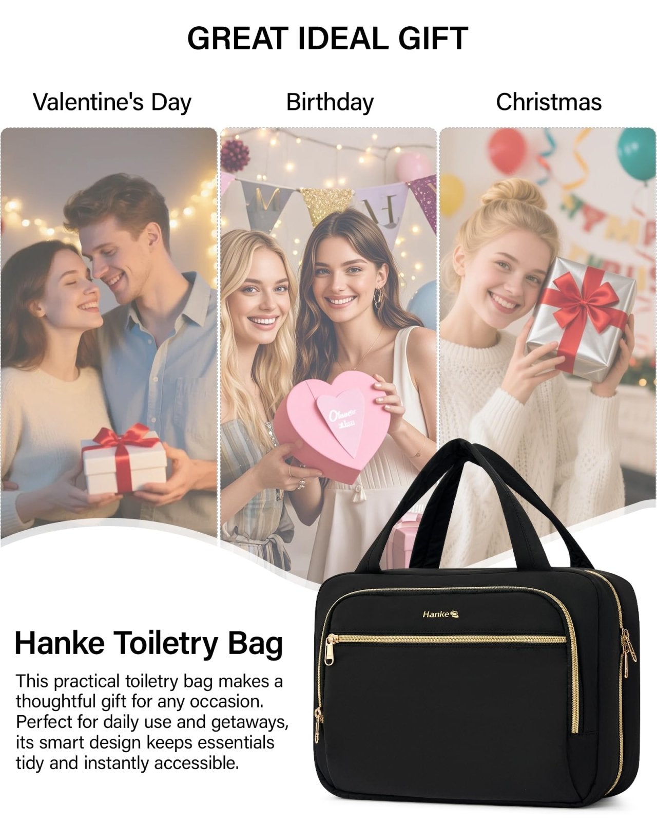 Hanke Hanging Travel Toiletry Bag for Women, Water - Resistant Makeup Organizer with Hook, Cosmetic Bag for Bathroom & Travel Essentials Accessories, Black