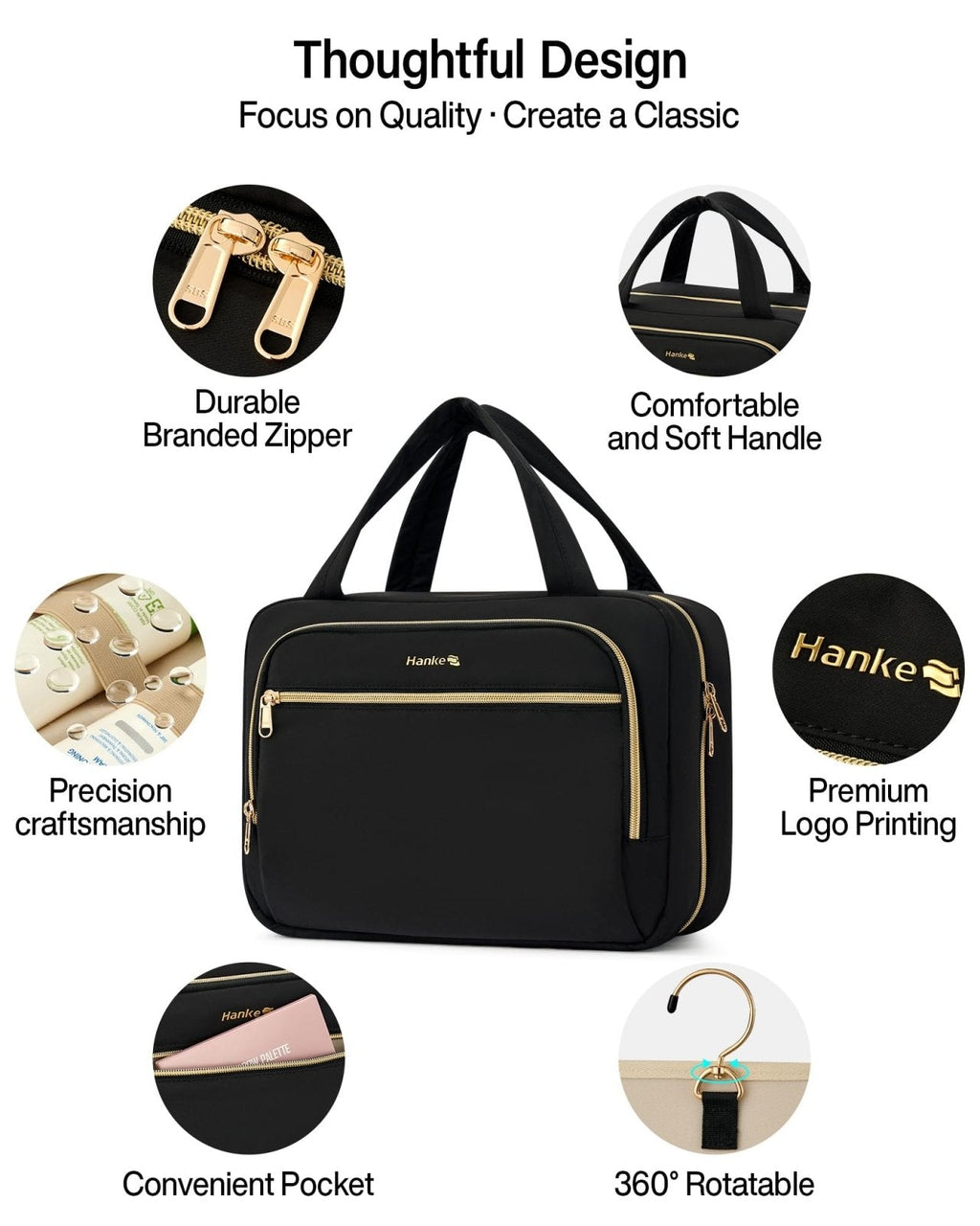 Hanke Hanging Travel Toiletry Bag for Women, Water - Resistant Makeup Organizer with Hook, Cosmetic Bag for Bathroom & Travel Essentials Accessories, Black