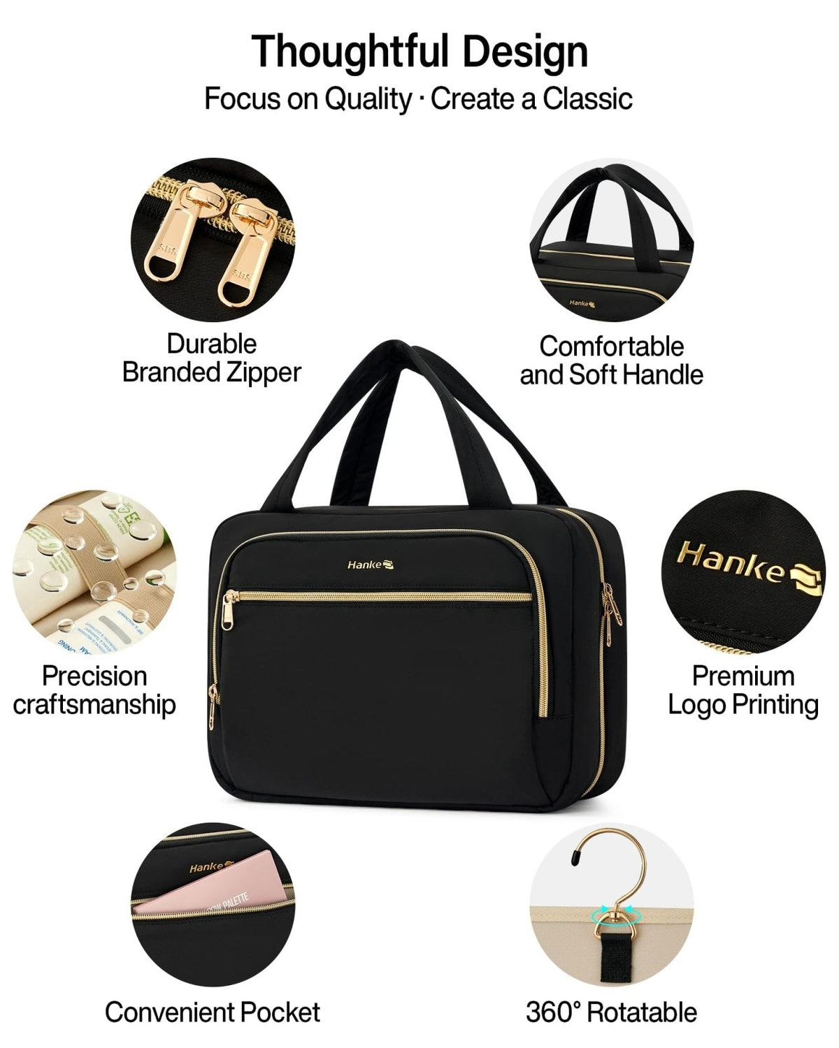 Hanke Hanging Travel Toiletry Bag for Women, Water - Resistant Makeup Organizer with Hook, Cosmetic Bag for Bathroom & Travel Essentials Accessories, Black