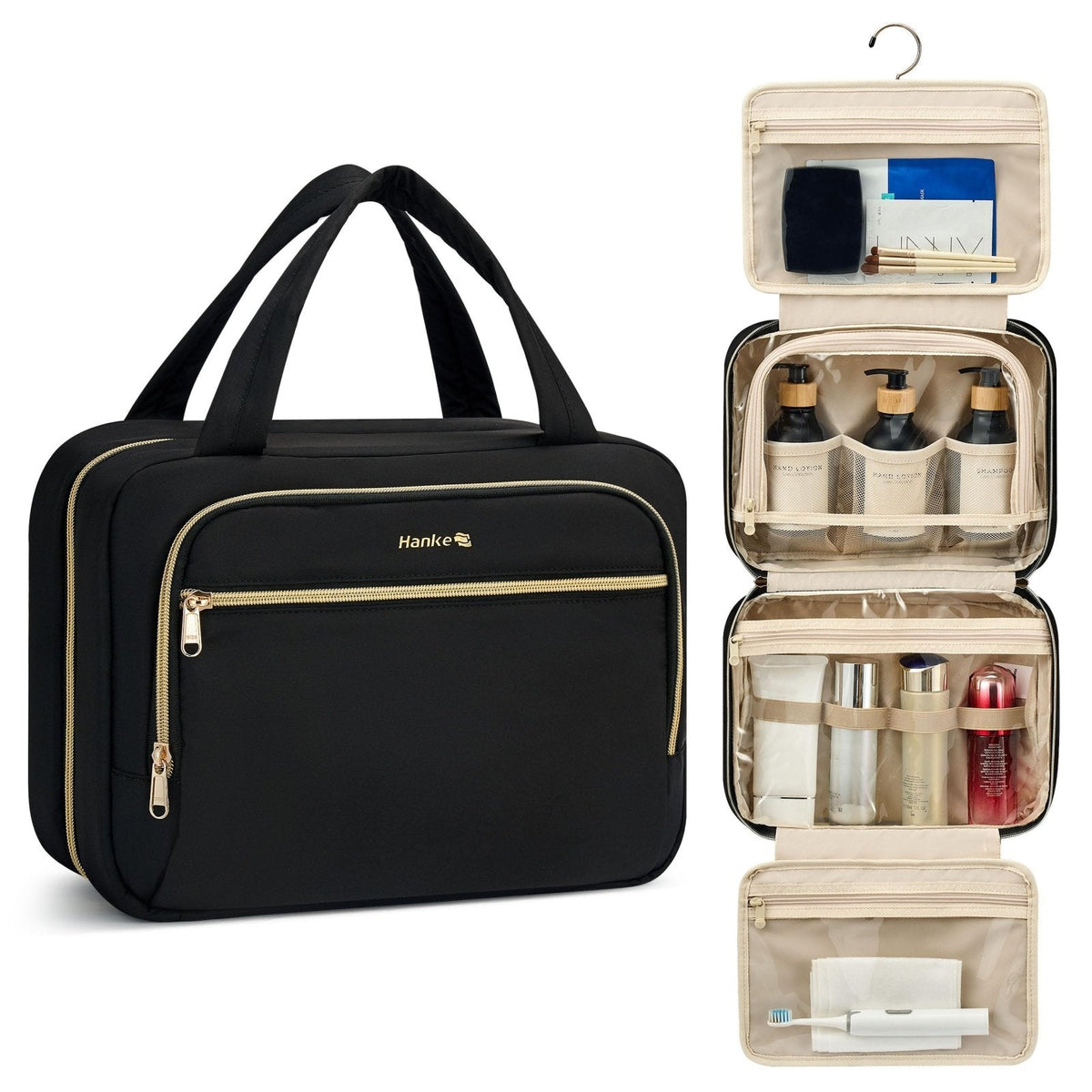 Hanke Hanging Travel Toiletry Bag for Women, Water-Resistant Makeup Organizer with Hook, Cosmetic Bag for Bathroom & Travel Essentials Accessories, Black
