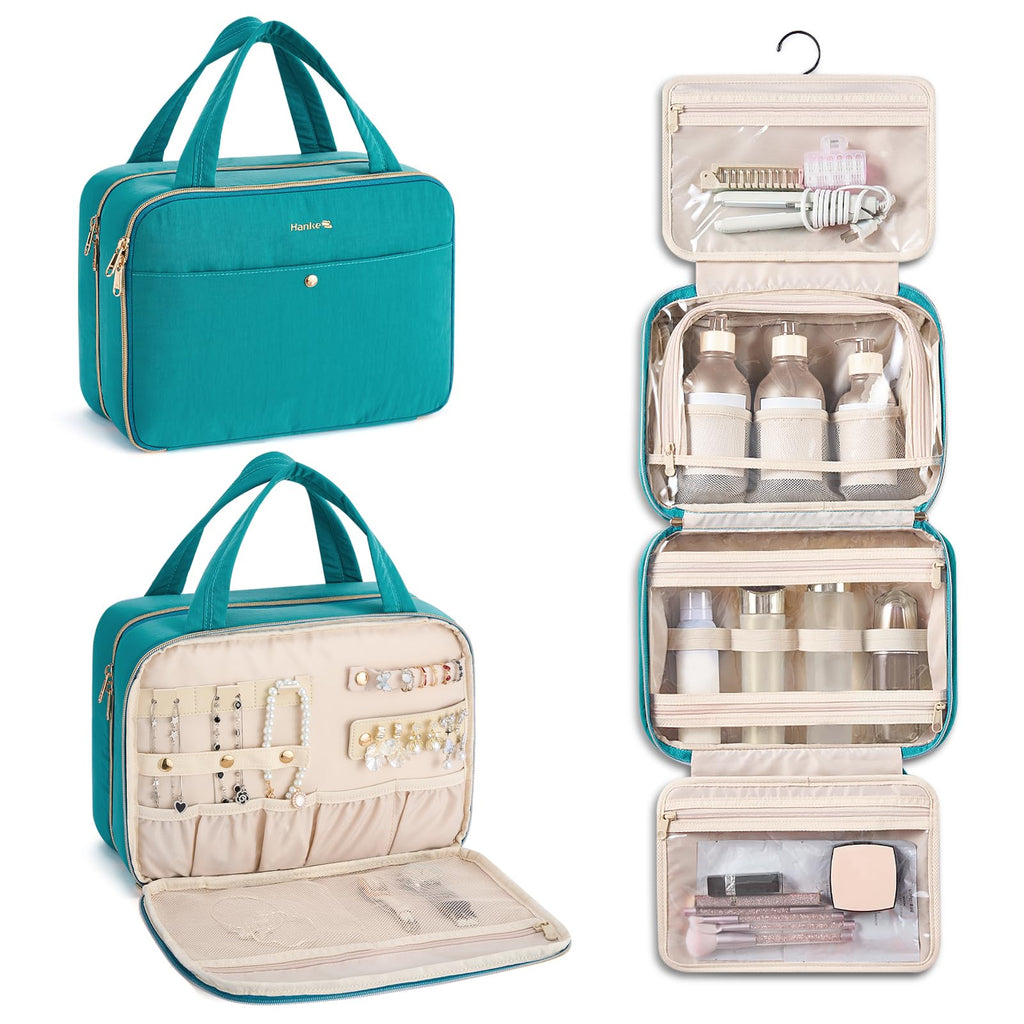 Hanke Hanging Travel Toiletry Bag for Women with Jewelry Organizer Compartment, Travel Essentials Toiletries and Makeup Bag, Water-Resistant & Stain-Resistant with Trolley Strap (Turquoise Green)