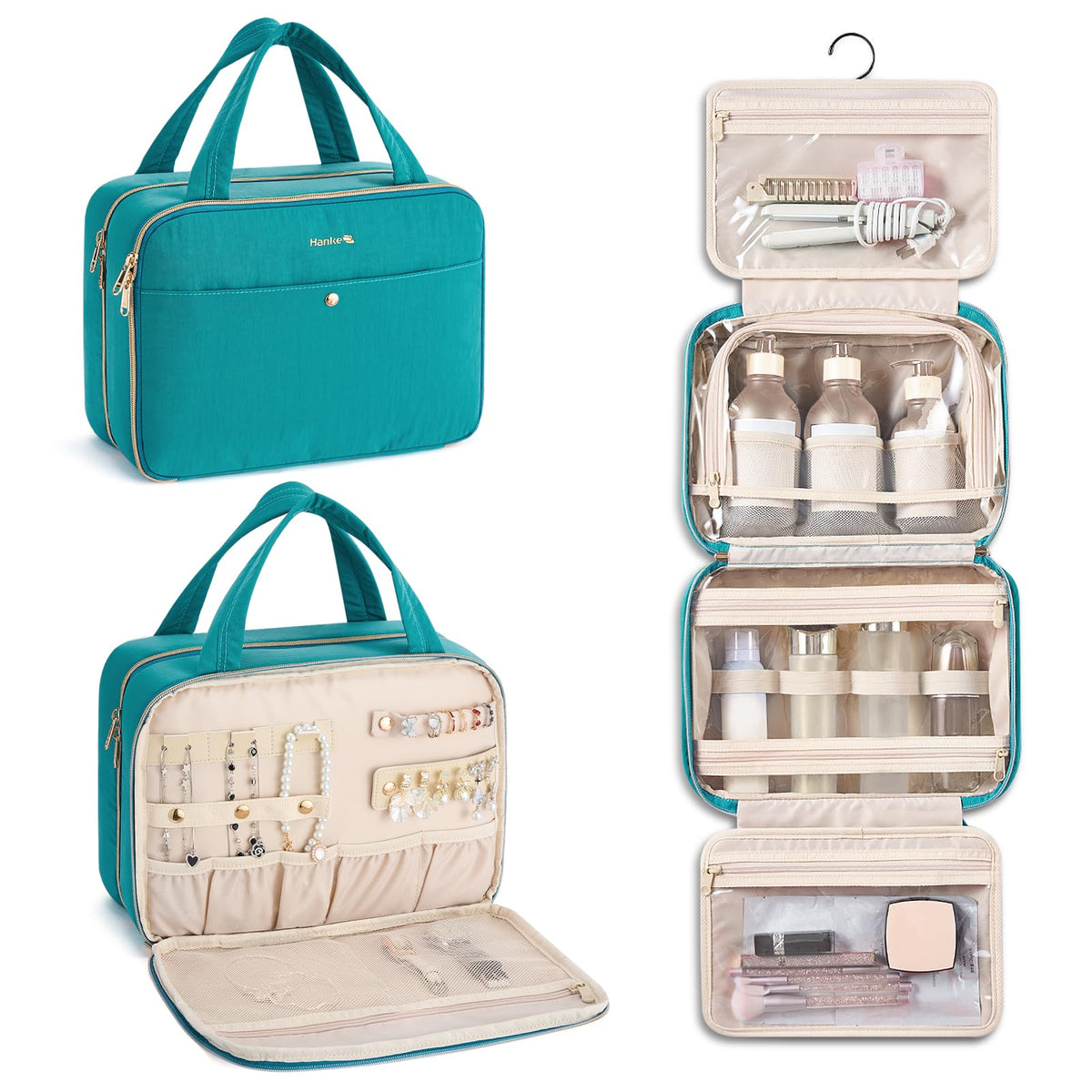 Hanke Hanging Travel Toiletry Bag for Women with Jewelry Organizer Compartment, Travel Essentials Toiletries and Makeup Bag, Water-Resistant & Stain-Resistant with Trolley Strap (Turquoise Green)