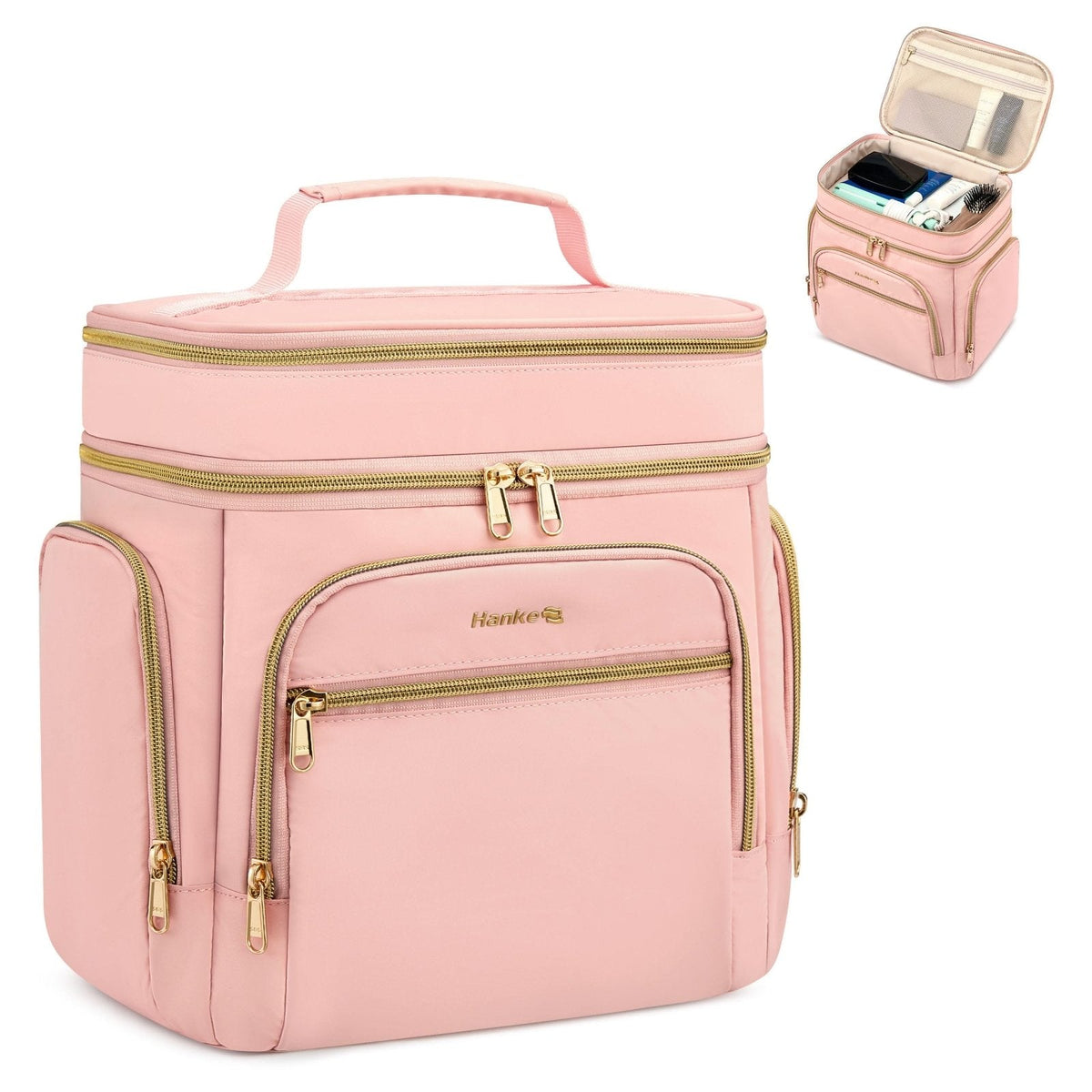 Hanke Large Toiletry Bag for Women Travel, Double Layer Organizer with Wide Opening for Full-Size Cosmetics & Toiletries, 12.2L Water-Resistant Makeup Bag,Pink