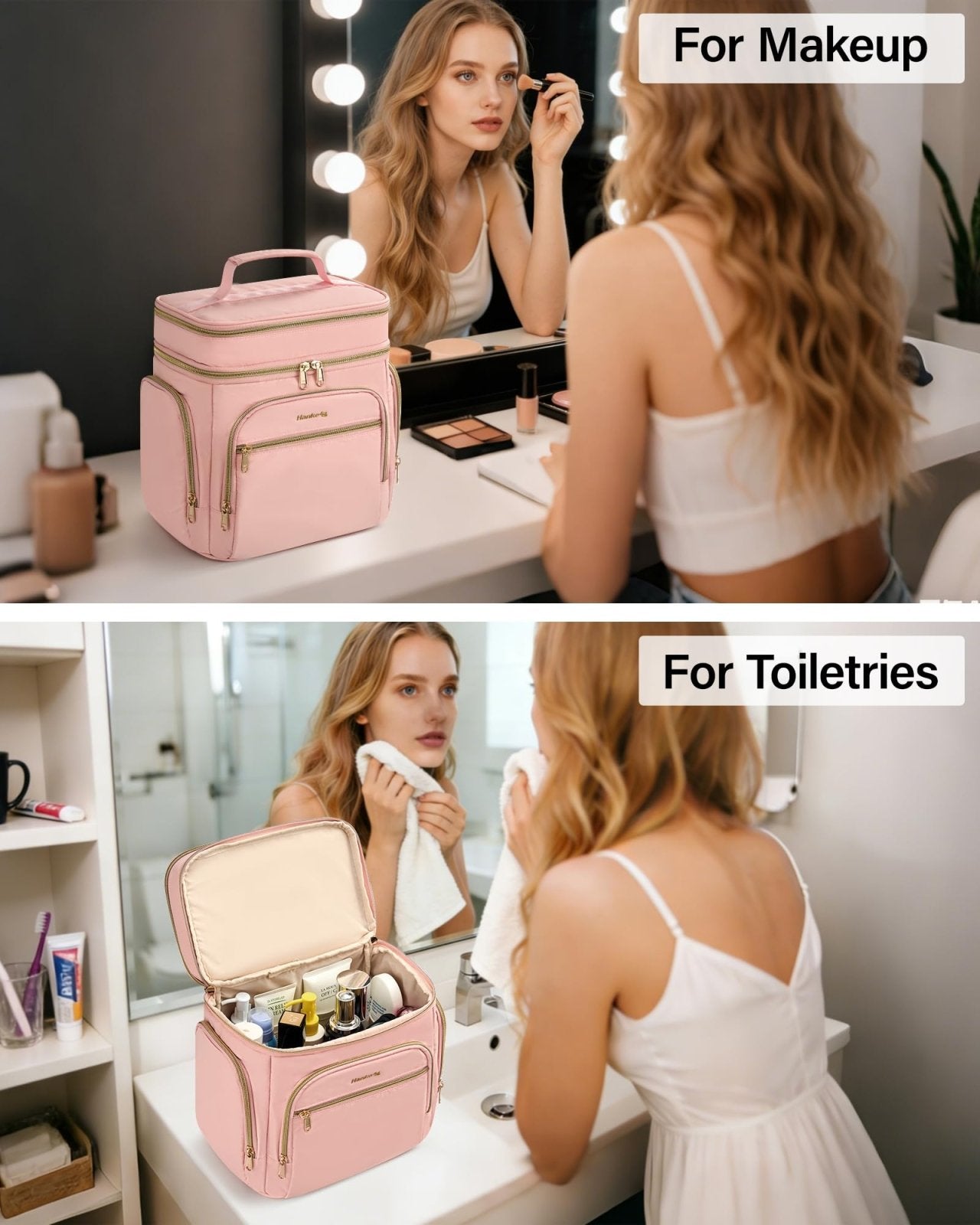 Hanke Large Toiletry Bag for Women Travel, Double Layer Organizer with Wide Opening for Full - Size Cosmetics & Toiletries, 12.2L Water - Resistant Makeup Bag,Pink