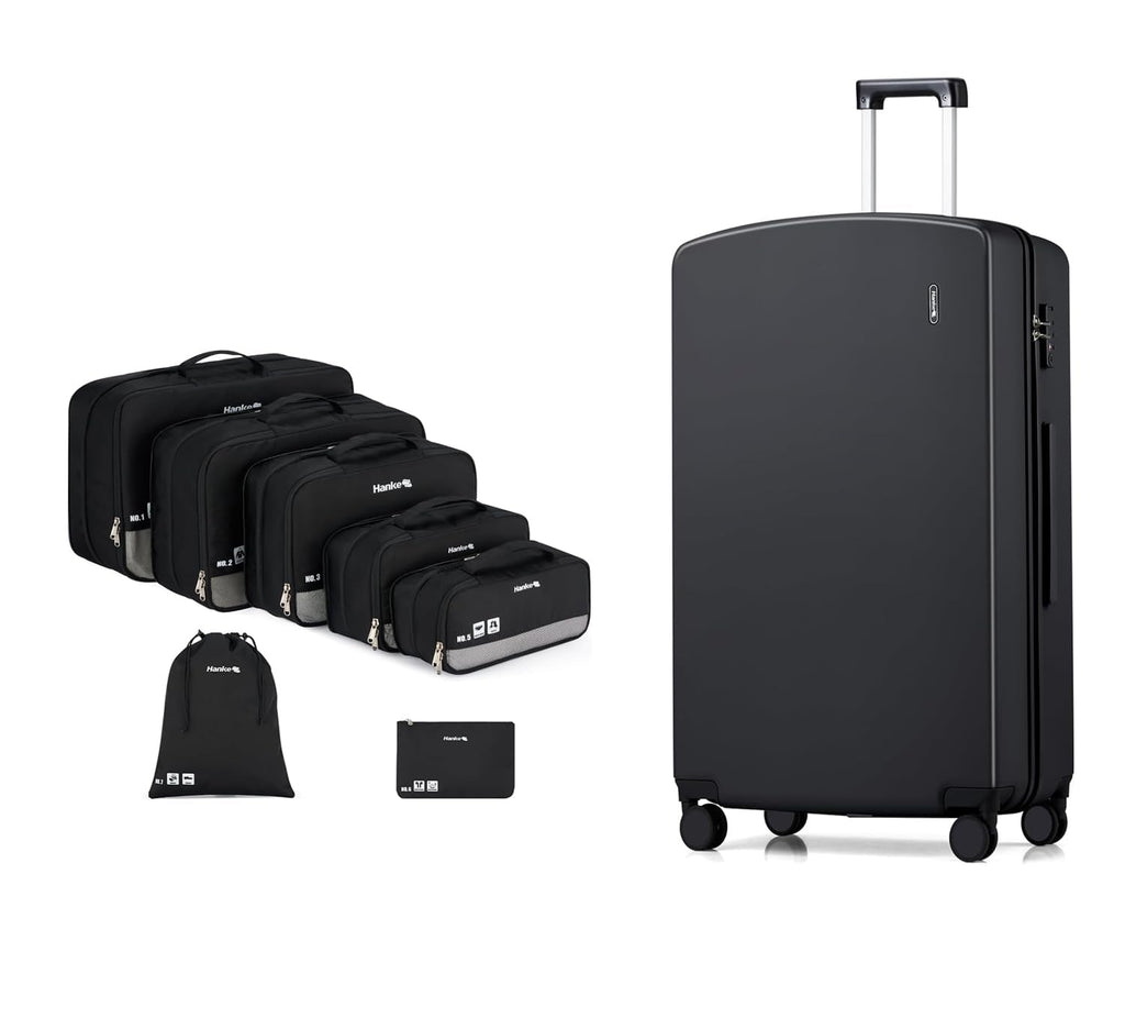 Hanke Packing Cubes for Travel and 28 Inch Luggage PC Hard Shell Suitcases with Wheels, 7 Sets Compressible Expandable Packing Organizers for Suitcase, Lighweight Luggage Bag for Travel (Black)