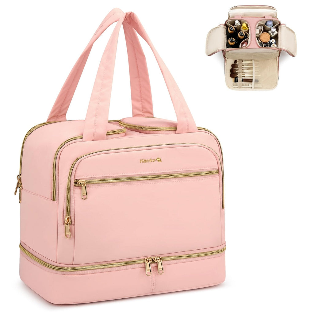 Hanke Travel Toiletry Bag, Lightweight Wide-open Large Toiletry Bags for Women, Dual-Layer Makeup Bag Water-Resistant Cosmetic Travel Bag with Handle for Accessories, Essentials, Pink