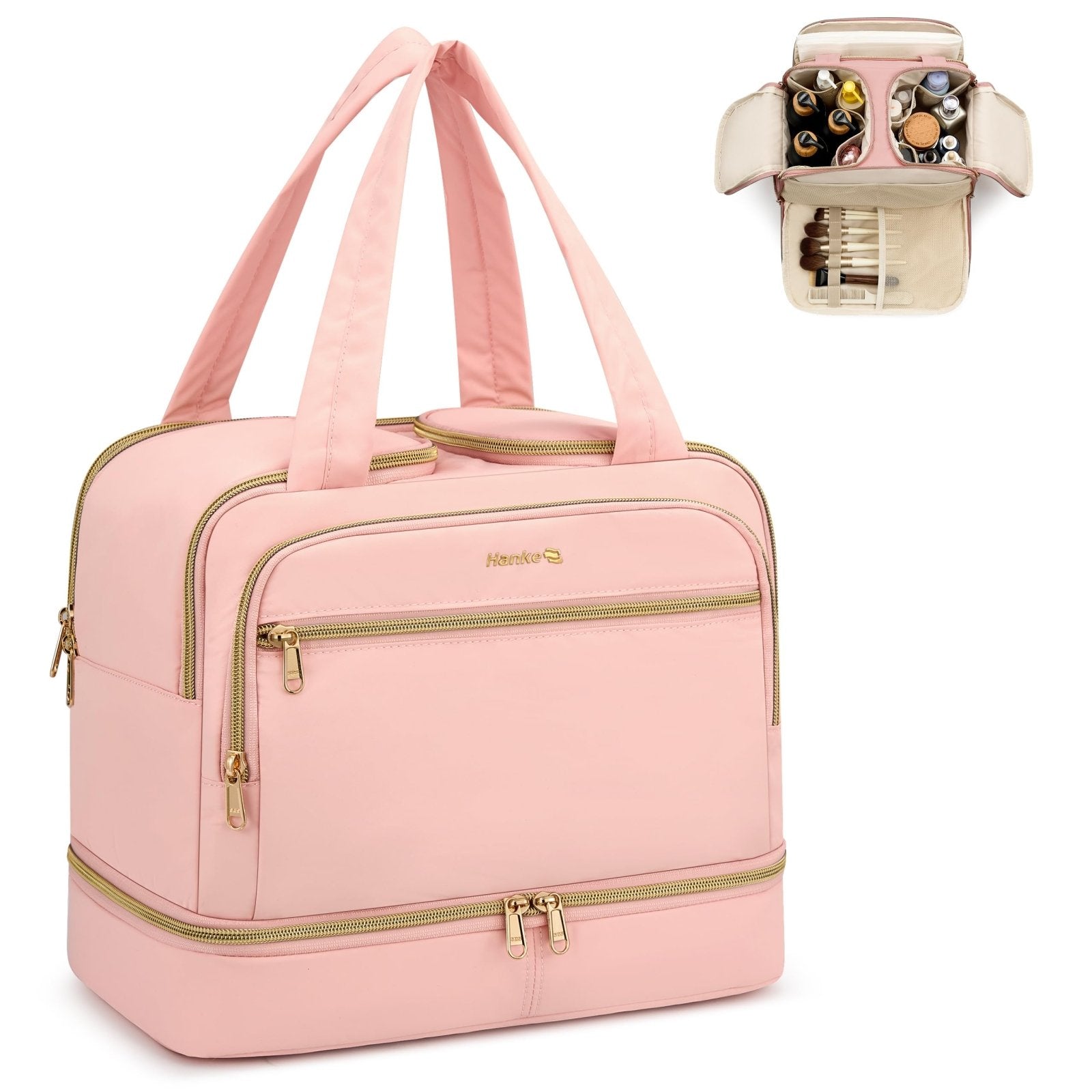 Hanke Travel Toiletry Bag, Lightweight Wide-open Large Toiletry Bags for Women, Dual-Layer Makeup Bag Water-Resistant Cosmetic Travel Bag with Handle for Accessories, Essentials, Pink