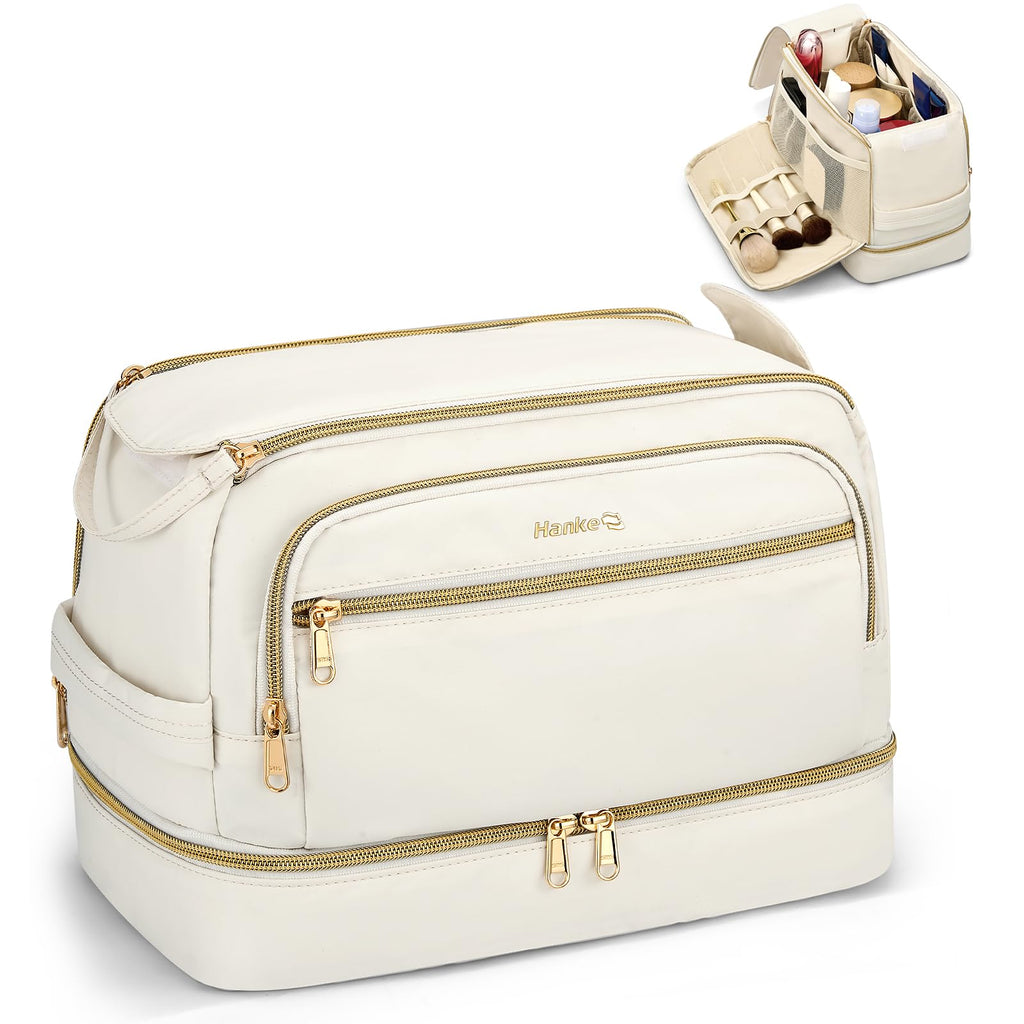 Hanke Travel Toiletry Bag, Lightweight Wide-open Makeup Bag, Dual-Layer Travel Bag for Toiletries Water-Resistant Cosmetic Bags Large Toiletry Bags for Women & Men, Travel Essentials, Off White