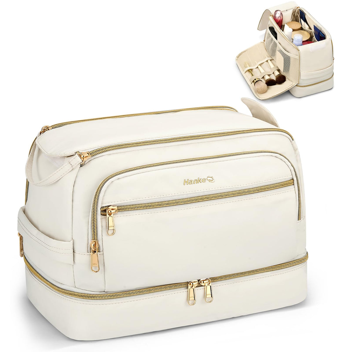 Hanke Travel Toiletry Bag, Lightweight Wide-open Makeup Bag, Dual-Layer Travel Bag for Toiletries Water-Resistant Cosmetic Bags Large Toiletry Bags for Women & Men, Travel Essentials, Off White