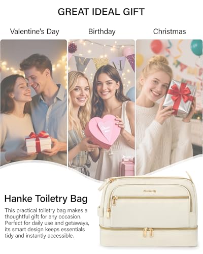 Hanke Travel Toiletry Bag, Lightweight Wide - open Makeup Bag, Dual - Layer Travel Bag for Toiletries Water - Resistant Cosmetic Bags Large Toiletry Bags for Women & Men, Travel Essentials, Off White