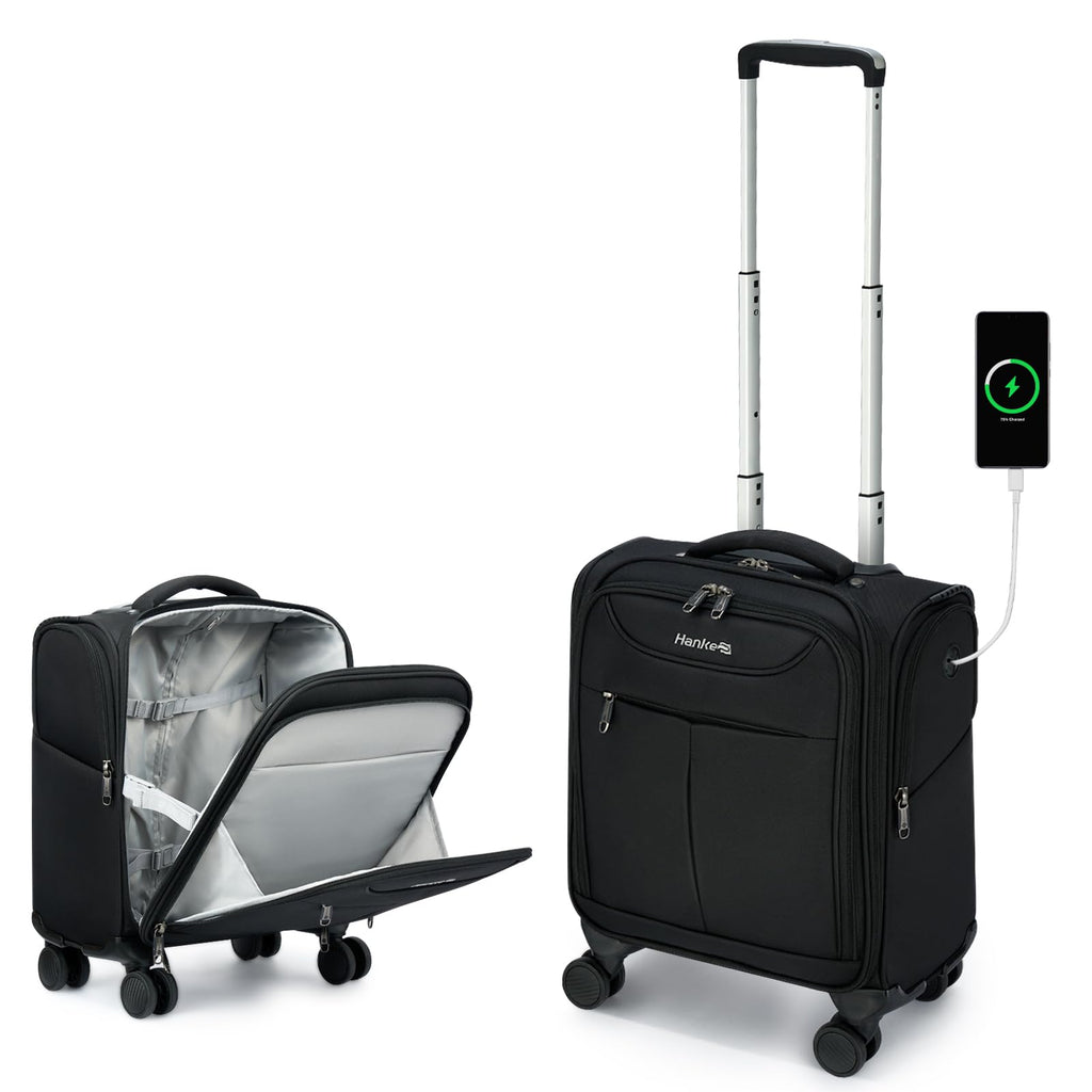 Hanke Underseat Carry On Luggage with Wheels, Lightweight Small Suitcase Airline Approved 16 Inch Softside Personal Item Travel Bag for Women Men, Compact Under Seat Luggage with Spinner Wheels,Black