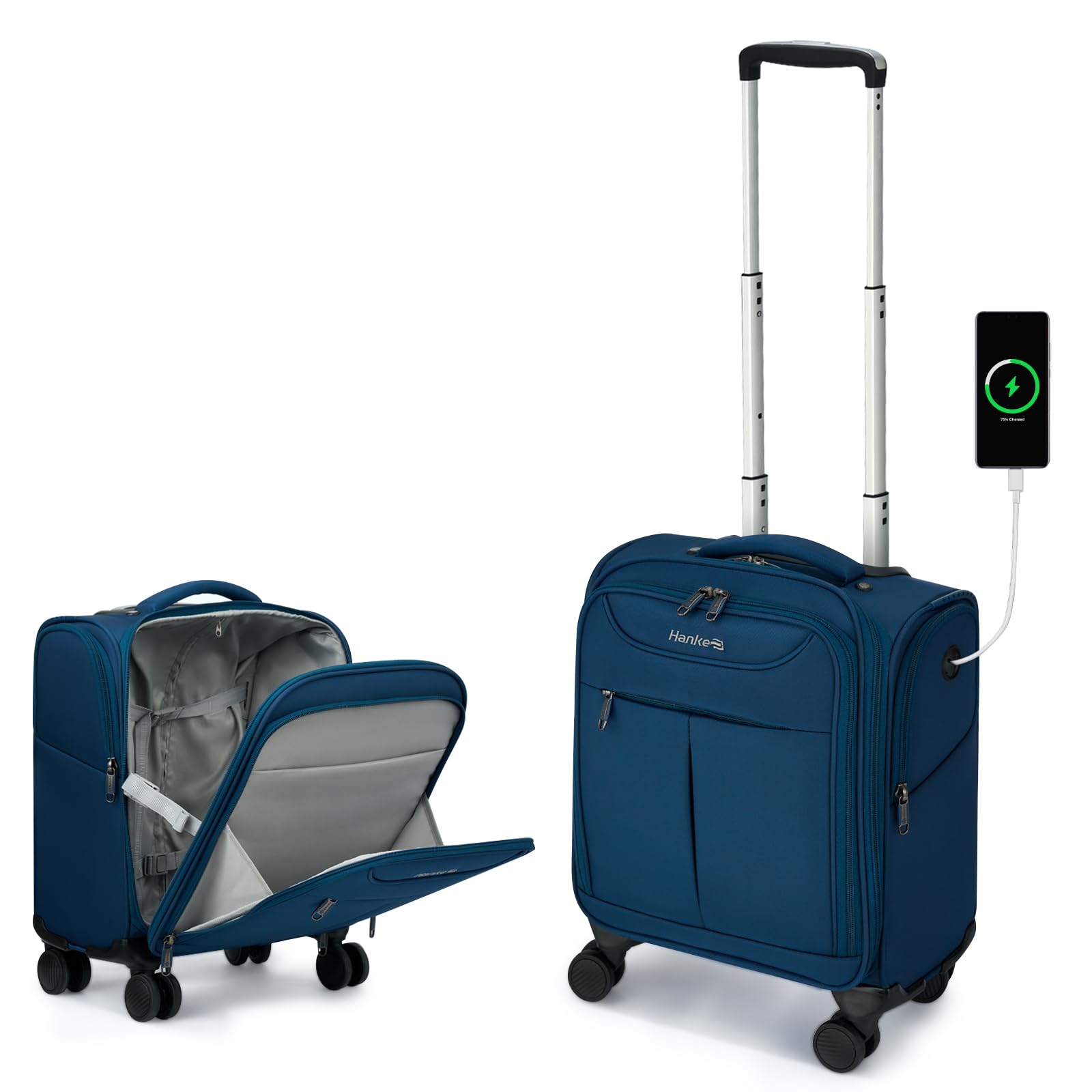 Hanke Underseat Carry On Luggage with Wheels, Lightweight Small Suitcase Airline Approved 16 Inch Softside Personal Item Travel Bag for Women Men, Compact Under Seat Luggage with Spinner Wheels.(Blue)