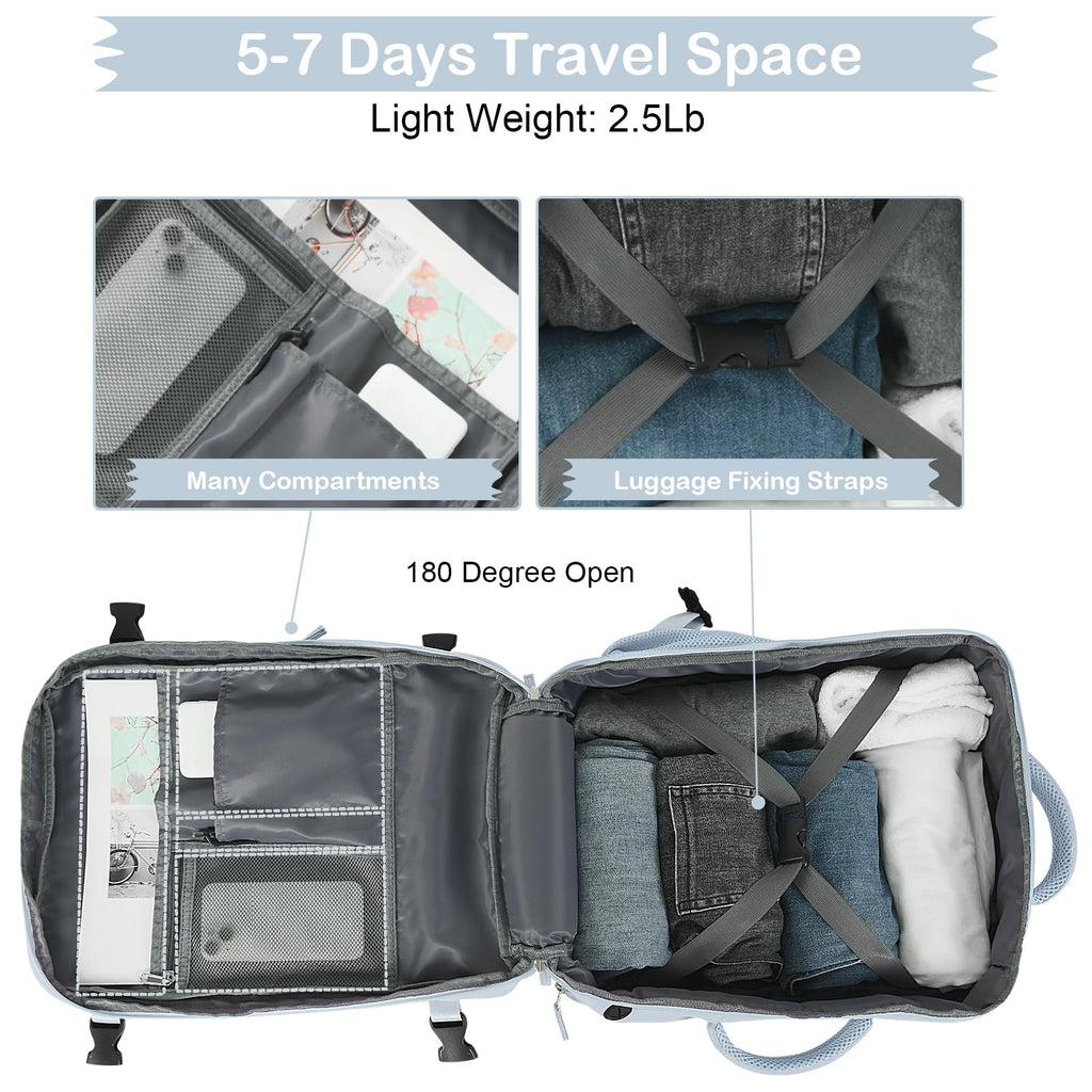 Hanples Large Travel Backpack for Women, 40L Carry on Luggage Backpack, 17 Inch Laptop Backpack with USB Charging Port, Waterproof Casual Bag Gift for Men with 2 Toiletry Bags (Light Blue)