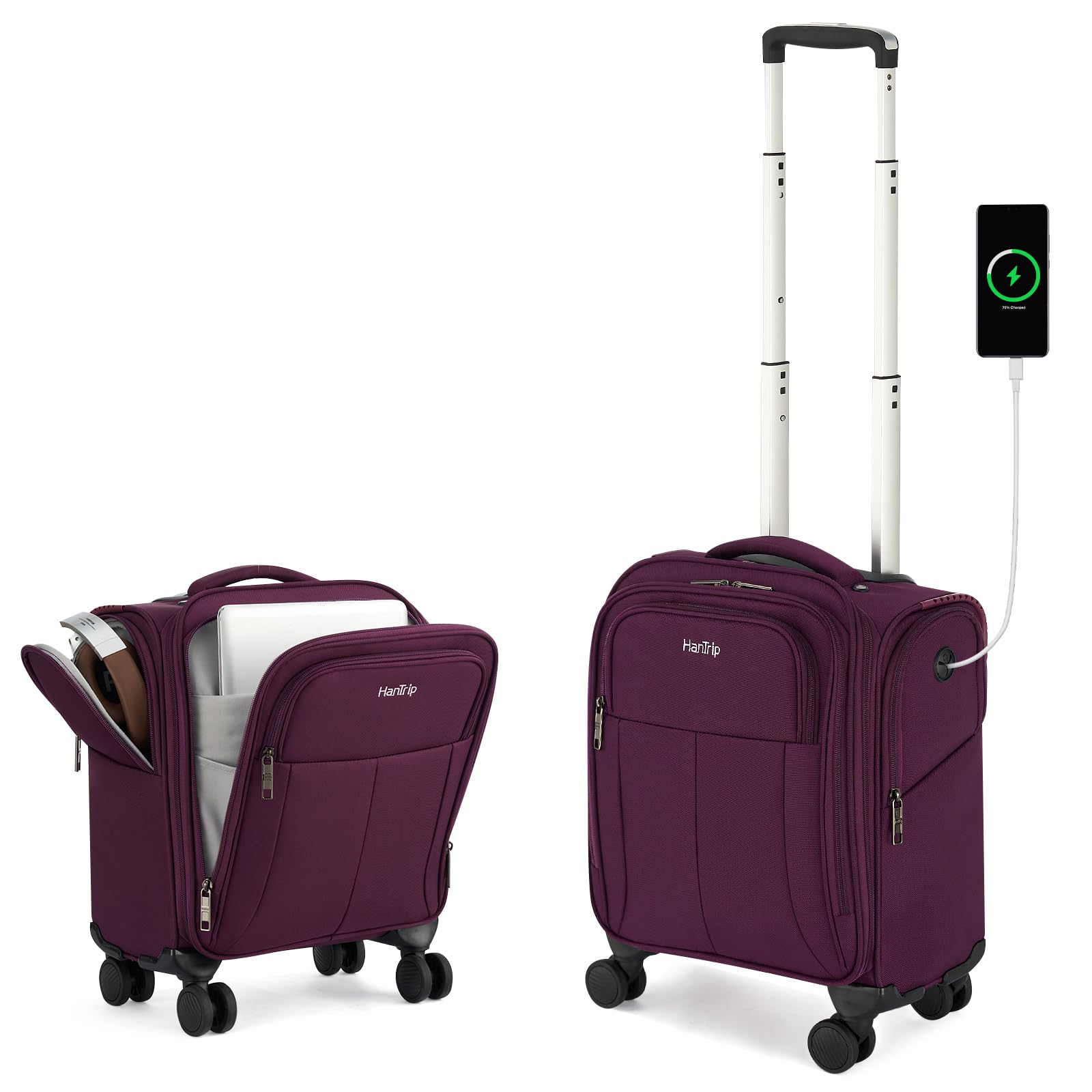 HanTrip 16 Inch Underseat Carry On Luggage with Wheels Softside Small Suitcases Personal Item Bag with Pocket Travel Luggage for Men Women Business Overnight Bag(Purple)