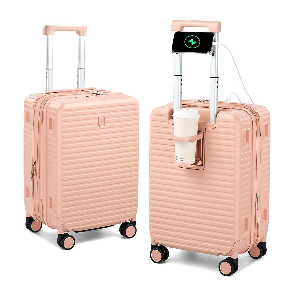 HanTrip Hard Shell Suitcases 20 Inch Carry on Luggage Airline Approved, Expandable Travel Luggage with Cup Holder Charger Built in Lightweight Small Suitcase with Wheels, Pink