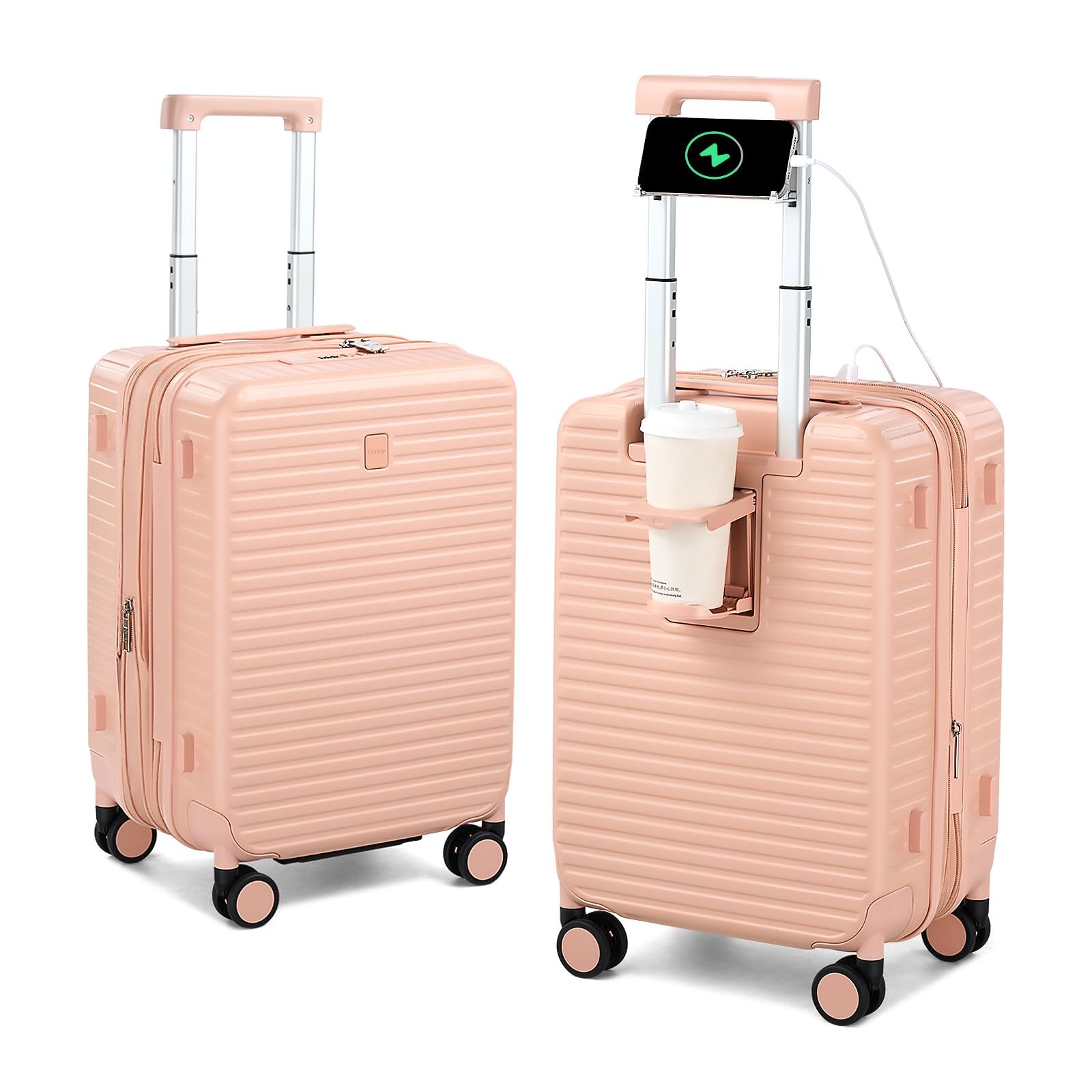HanTrip Hard Shell Suitcases 20 Inch Carry on Luggage Airline Approved, Expandable Travel Luggage with Cup Holder Charger Built in Lightweight Small Suitcase with Wheels, Pink