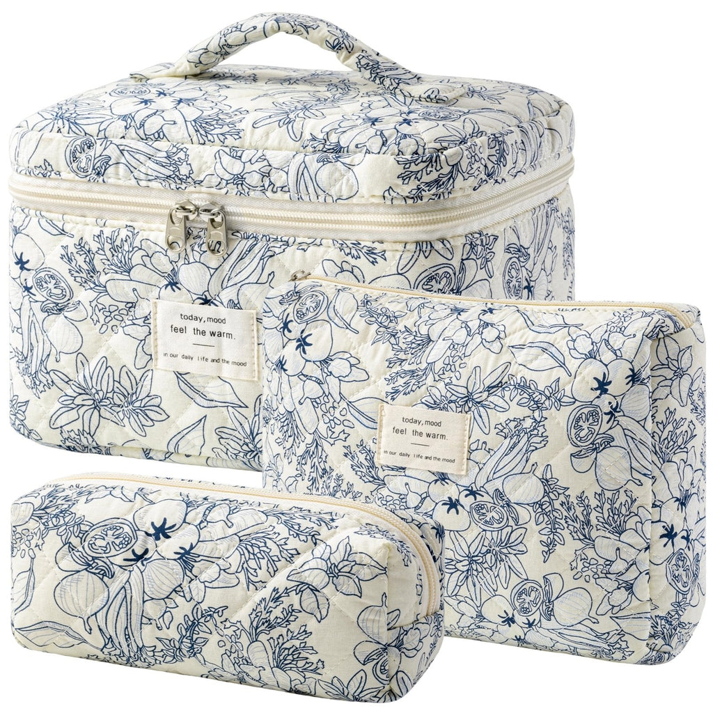 HBselect Quilted Makeup Bag, 3PCS Cotton Large Travel Makeup Bag, Cute Floral Coquette Make up Bag Cosmetic Bag Toiletry Bag for Women Girls