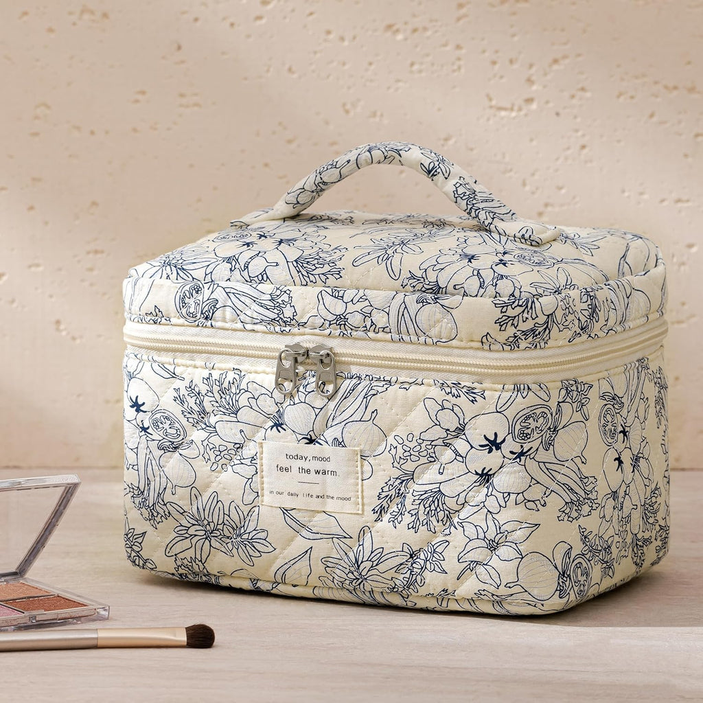 HBselect Quilted Makeup Bag, 3PCS Cotton Large Travel Makeup Bag, Cute Floral Coquette Make up Bag Cosmetic Bag Toiletry Bag for Women Girls