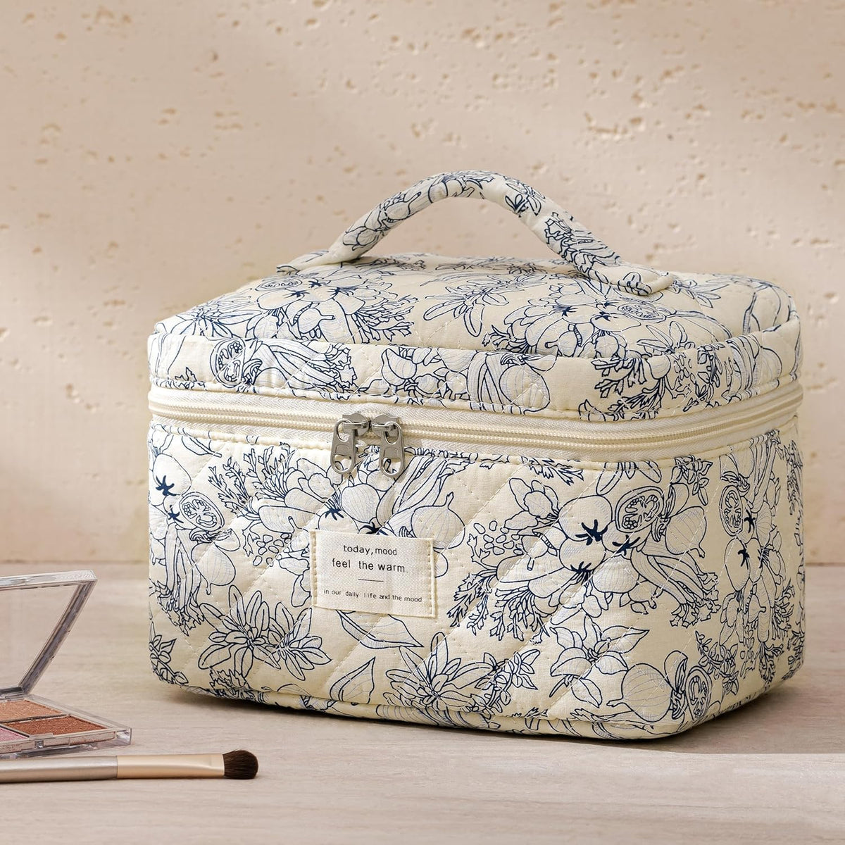 HBselect Quilted Makeup Bag, 3PCS Cotton Large Travel Makeup Bag, Cute Floral Coquette Make up Bag Cosmetic Bag Toiletry Bag for Women Girls
