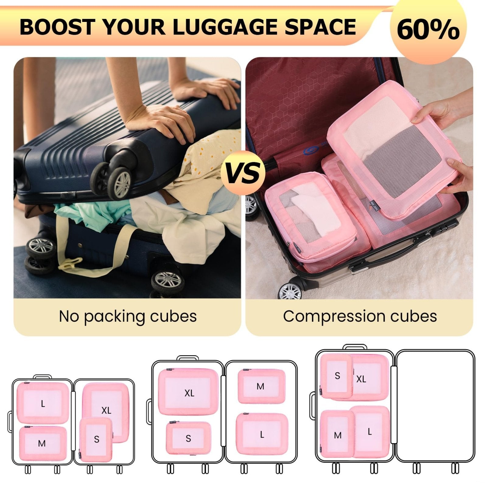 HDKJDPG 4 Set Ultralight Compression Packing Cubes Travel for Suitcases ，Compressible Mesh Packing Cubes for Travel Women Packing Organizers (Pink)