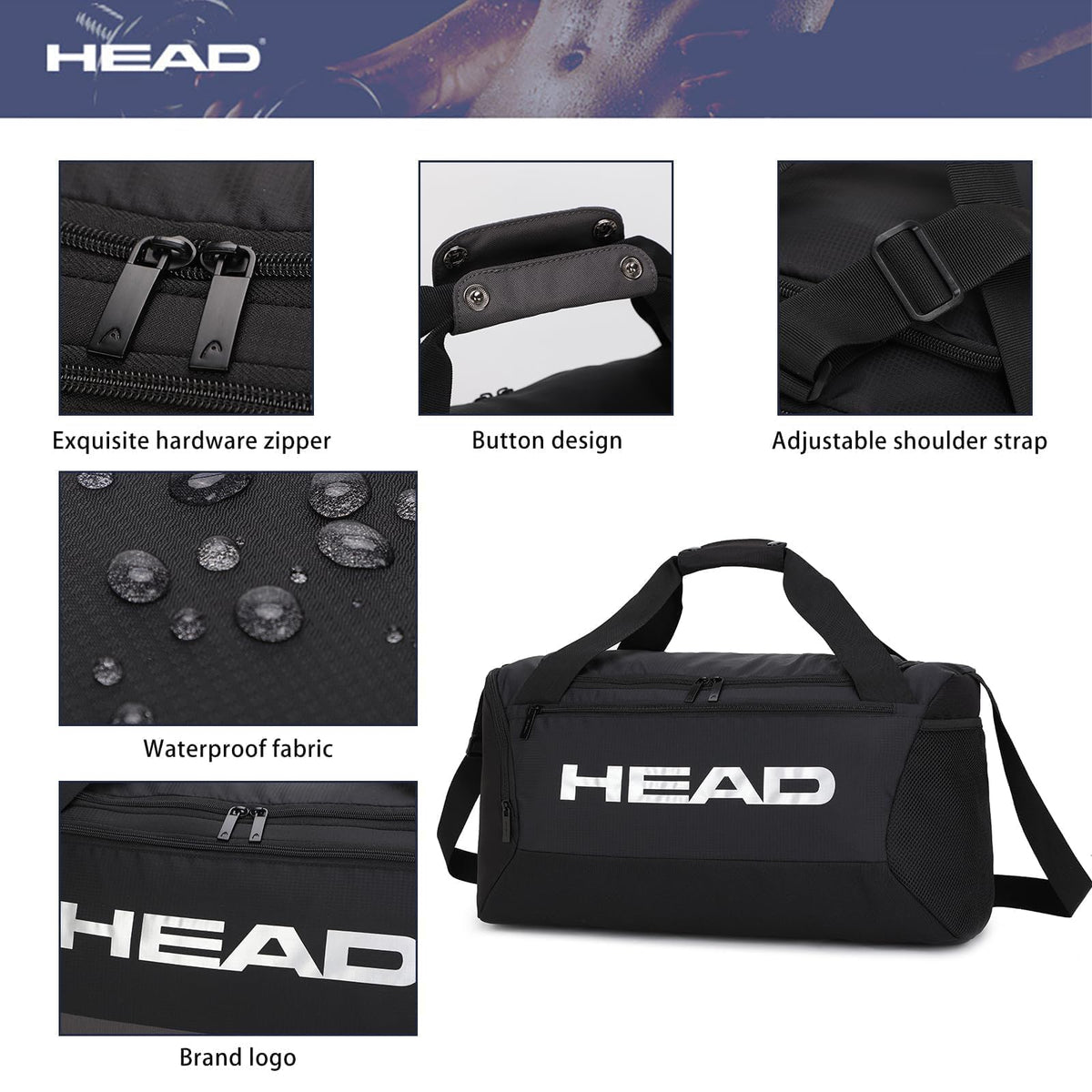 HEAD 45L Gym Duffel Bag with Shoe Compartment & Wet Pocket, Waterproof Large Capacity Sports Bag for Men, Durable Crossbody Weekender for Workout, Fitness, Swimming, Travel
