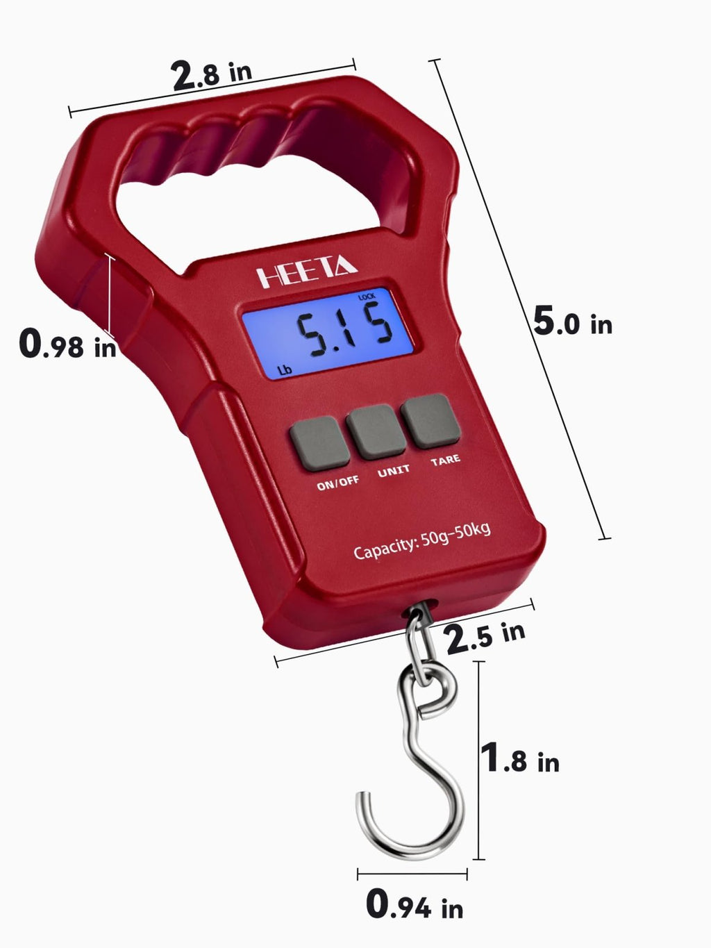 HEETA Fish Scale, 110lb/50kg Digital Portable Hanging Fishing Weight Scale with Backlit LCD Display, Luggage Scale with Non - Slip Large ABS Handle & 2 AAA Batteries, Fishing Gifts Gear for Men, Red