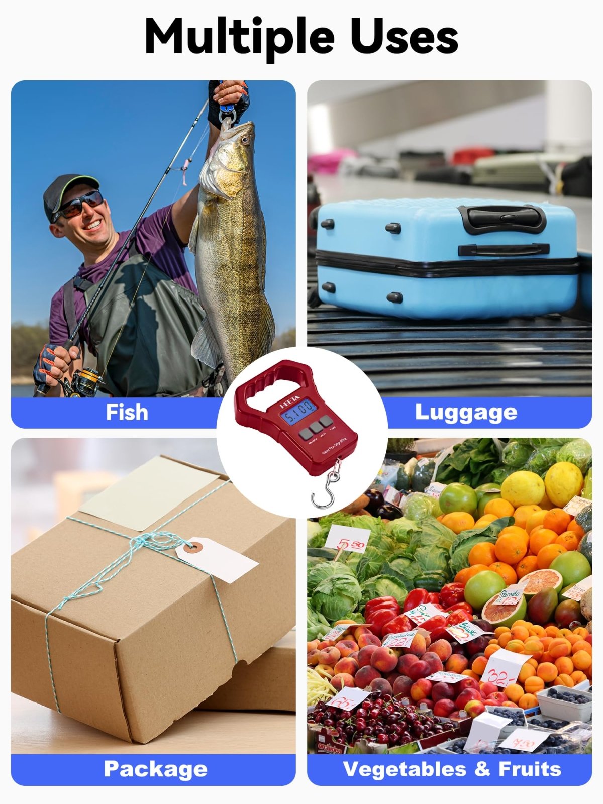 HEETA Fish Scale, 110lb/50kg Digital Portable Hanging Fishing Weight Scale with Backlit LCD Display, Luggage Scale with Non - Slip Large ABS Handle & 2 AAA Batteries, Fishing Gifts Gear for Men, Red