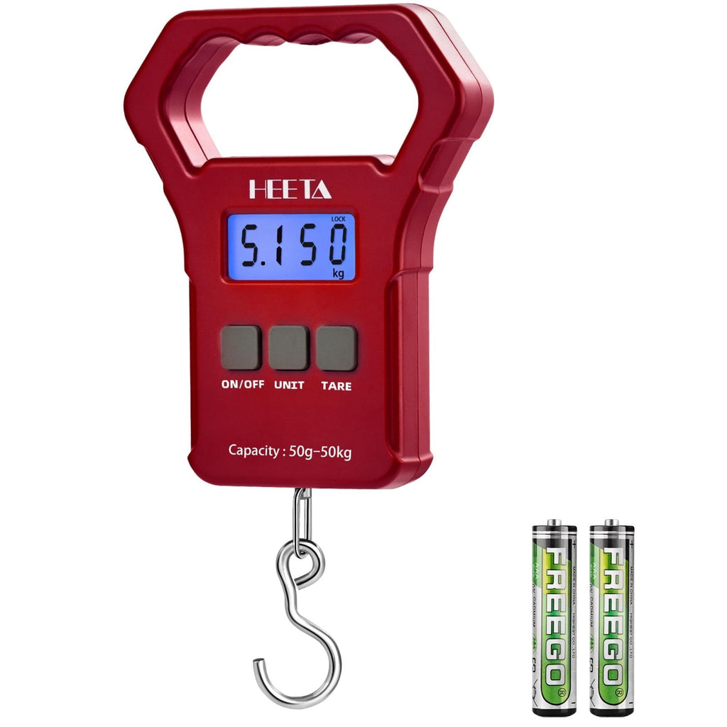 HEETA Fish Scale, 110lb/50kg Digital Portable Hanging Fishing Weight Scale with Backlit LCD Display, Luggage Scale with Non-Slip Large ABS Handle & 2 AAA Batteries, Fishing Gifts Gear for Men, Red