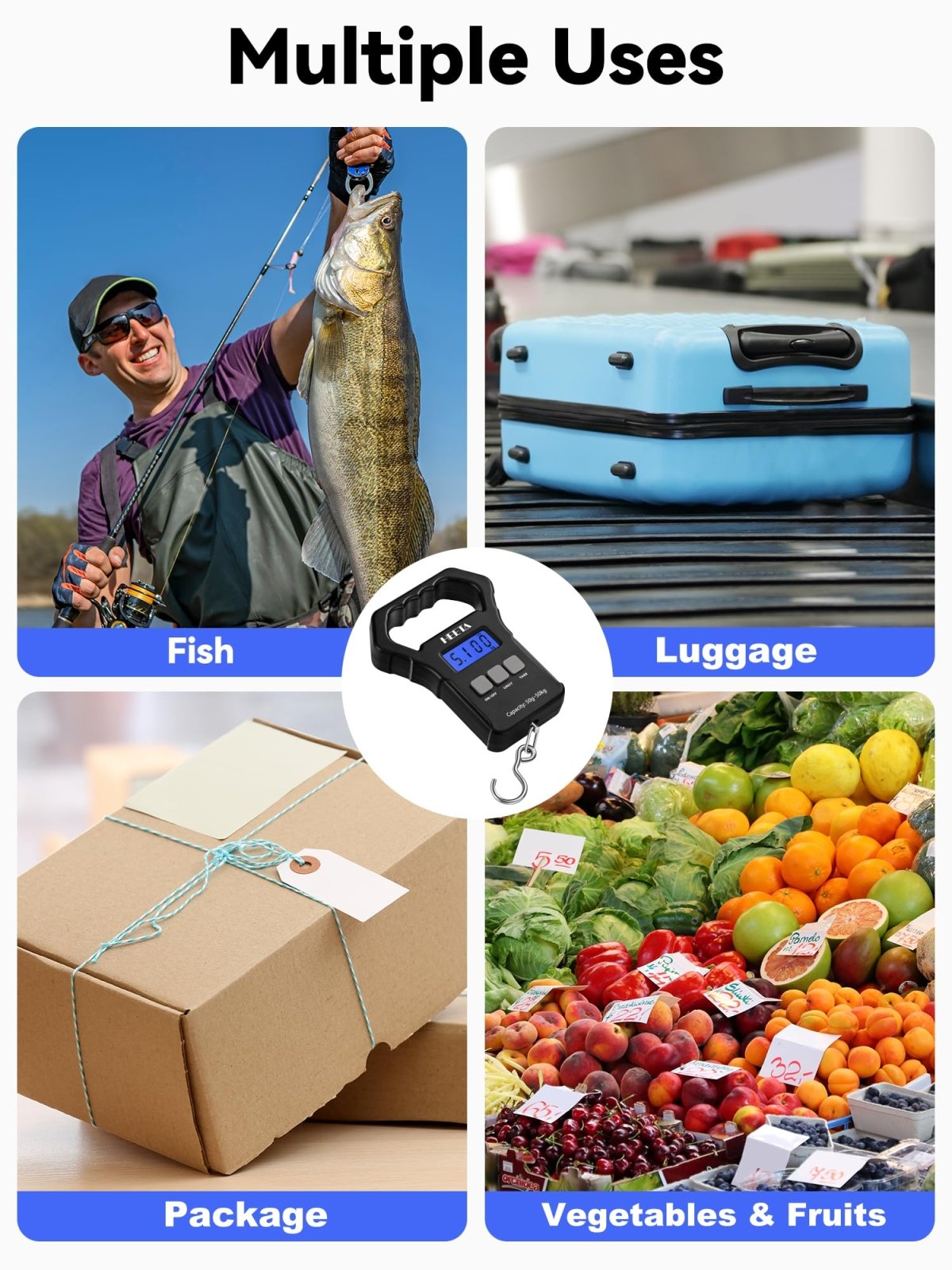 HEETA Fish Scale, 110lb/50kg Digital Portable Hanging Fishing Weight Scale with Backlit LCD Display, Luggage Scale with Non - Slip Large ABS Handle & 2 AAA Batteries, Fishing Gifts Gear for Men, Black