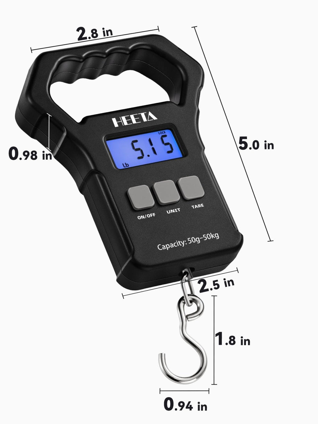 HEETA Fish Scale, 110lb/50kg Digital Portable Hanging Fishing Weight Scale with Backlit LCD Display, Luggage Scale with Non - Slip Large ABS Handle & 2 AAA Batteries, Fishing Gifts Gear for Men, Black