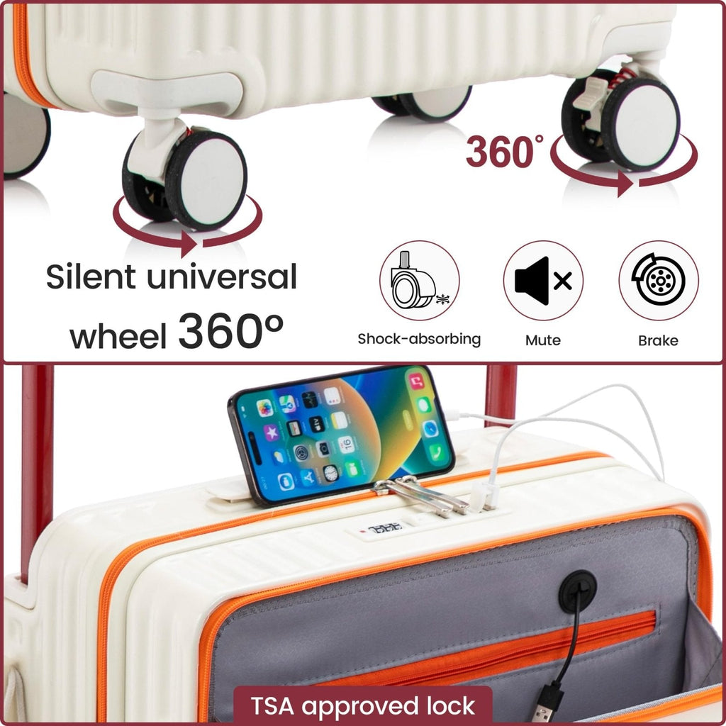 HEJIHUI 20 Inch Carry On Luggage with Spinner Wheels,PC Hard Shell Suitcase with USB Port,Lightweight Travel Luggage Airline Approved for Men Women, White