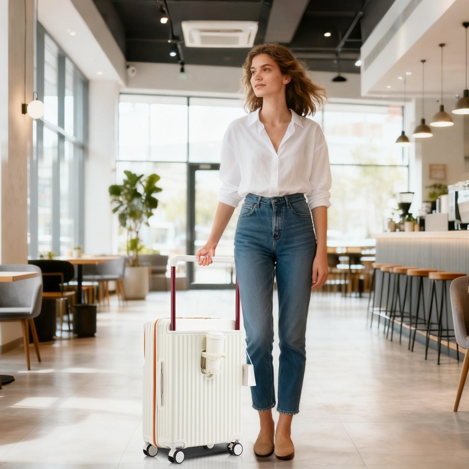 HEJIHUI 20 Inch Carry On Luggage with Spinner Wheels,PC Hard Shell Suitcase with USB Port,Lightweight Travel Luggage Airline Approved for Men Women, White