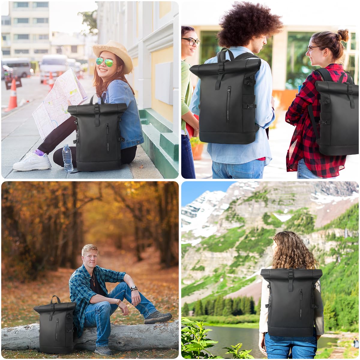 HEROIC KNIGHT Rolltop Backpack, 15.6 Inch Waterproof Laptop Backpack with USB Charging Port, Expandable 18 - 27L Travel Backpack for Men Women, Casual Daypack for Work Business College - Black
