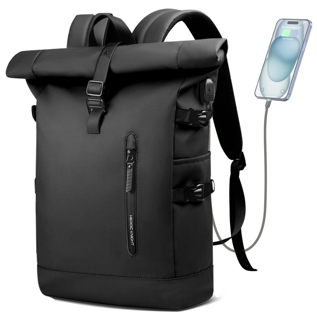 HEROIC KNIGHT Rolltop Backpack, 15.6 Inch Waterproof Laptop Backpack with USB Charging Port, Expandable 18-27L Travel Backpack for Men Women, Casual Daypack for Work Business College-Black