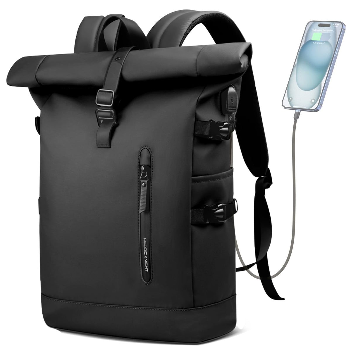 HEROIC KNIGHT Rolltop Backpack, 15.6 Inch Waterproof Laptop Backpack with USB Charging Port, Expandable 18-27L Travel Backpack for Men Women, Casual Daypack for Work Business College-Black