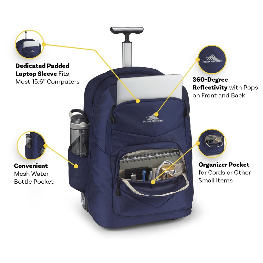 High Sierra Freewheel Pro Wheeled Backpack with 360 Degree Reflectivity, Adjustable Handle, Large Main Compartment, and Laptop Sleeve, Aquamarine