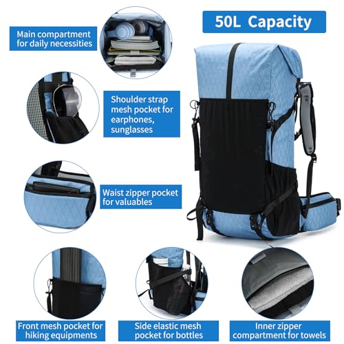 Hiking Backpack,40L to 50L Extra Large Capacity Hiking Bag,Internal Frame Camping Backpack,Upgraded X-PAC Lightweight Sport Daypack Travel Backpack Fit For Mountain Climbing Camping(Blue)